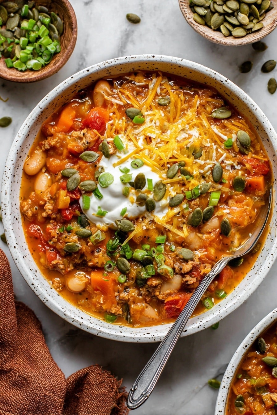 A bowl with thick soup full of soft carrot chunks, white beans, diced tomatoes, and meat in an orange sauce fills the frame. On top, there is a scoop of white sour cream in the center, surrounded by shredded yellow cheddar cheese and sprinkled with green chopped spring onions and dark green pumpkin seeds. A silver spoon rests inside the bowl on the right side. The bowl is white with subtle black specks and sits on a white marbled surface. Nearby, there is a brown cloth napkin and a small bowl with more green pumpkin seeds. Photo taken with an iphone --ar 2:3 --v 7 - Turkey Pumpkin Chili, pumpkin chili recipe, hearty fall chili, healthy turkey chili, pumpkin soup with ground turkey