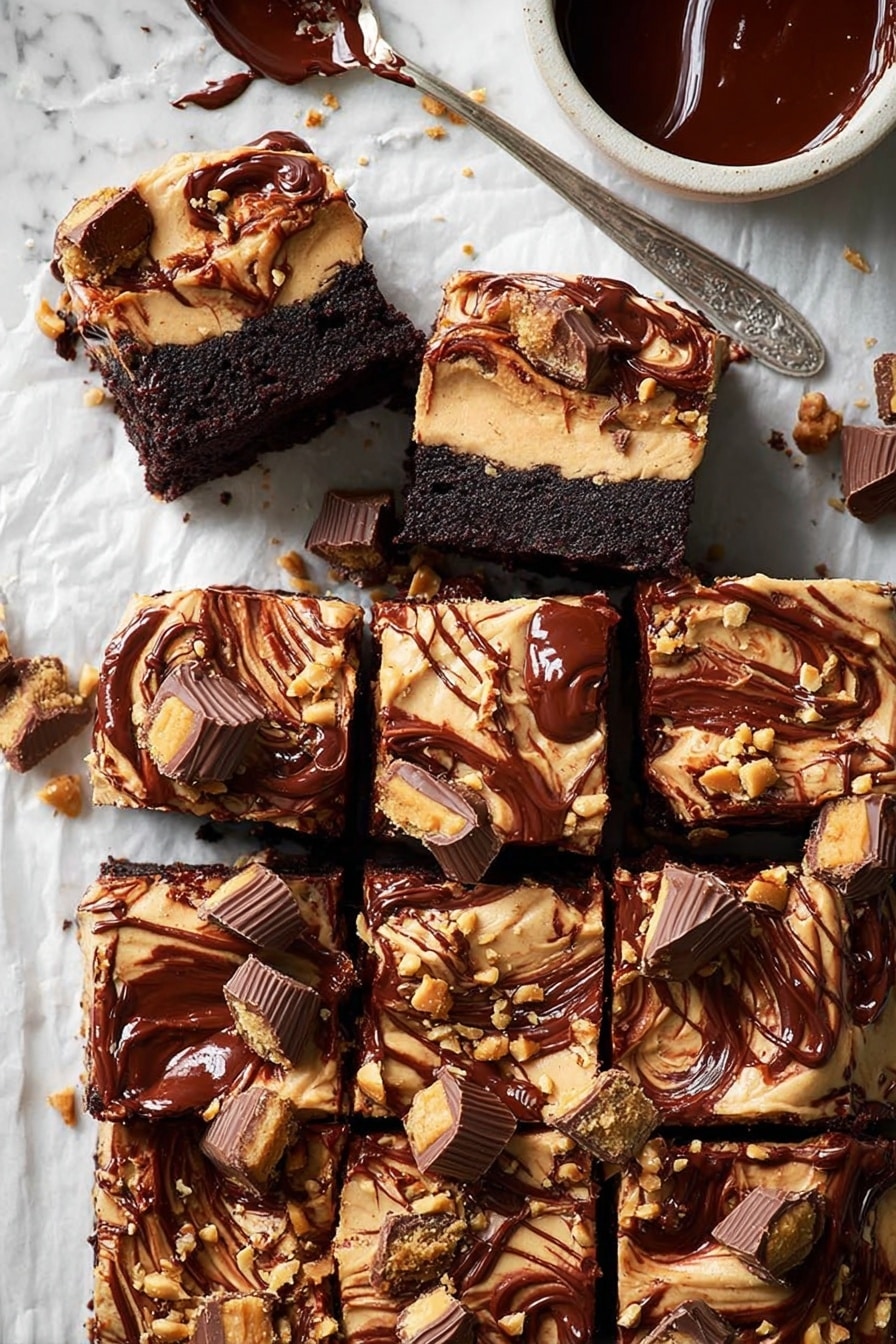 The image shows nine thick square pieces of chocolate cake arranged on white parchment paper over a white marbled surface. Each cake piece has two layers: a dark, moist chocolate base and a thick, creamy peanut butter-colored frosting on top. The frosting is rich and smooth with swirls of glossy dark chocolate sauce drizzled over it. Pieces of peanut butter cups and chopped peanuts are scattered generously on each slice, adding texture and contrast. A silver spoon rests in a small white bowl filled with dark chocolate sauce at the top, and a woman's hand reaches into one of the cake squares. The whole scene looks delicious and indulgent with a mix of smooth and chunky textures. photo taken with an iphone --ar 2:3 --v 7 - Chocolate Peanut Butter Cake for a Crowd, crowd-pleasing chocolate peanut butter cake, large batch chocolate peanut butter cake, easy party chocolate cake, decadent peanut butter chocolate dessert