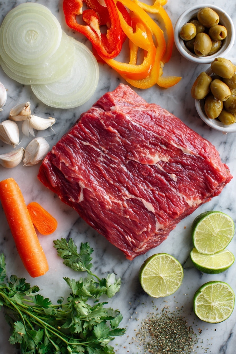 Flat lay of a large raw London broil beef steak, vibrant red and marbled, surrounded by halved and sliced yellow onion rings, thin strips of red and green bell peppers, whole peeled garlic cloves, a bright orange carrot sliced lengthwise, plump green olives, a small heap of dried oregano and ground cumin, fresh green cilantro leaves scattered around, and lime wedges with bright green skin and juicy pulp, all beautifully arranged on a white marble surface, photo taken with an iphone --ar 2:3 --v 7 - Slow Cooker Ropa Vieja, Cuban shredded beef stew, easy Cuban beef recipe, crockpot Ropa Vieja, authentic Cuban stew