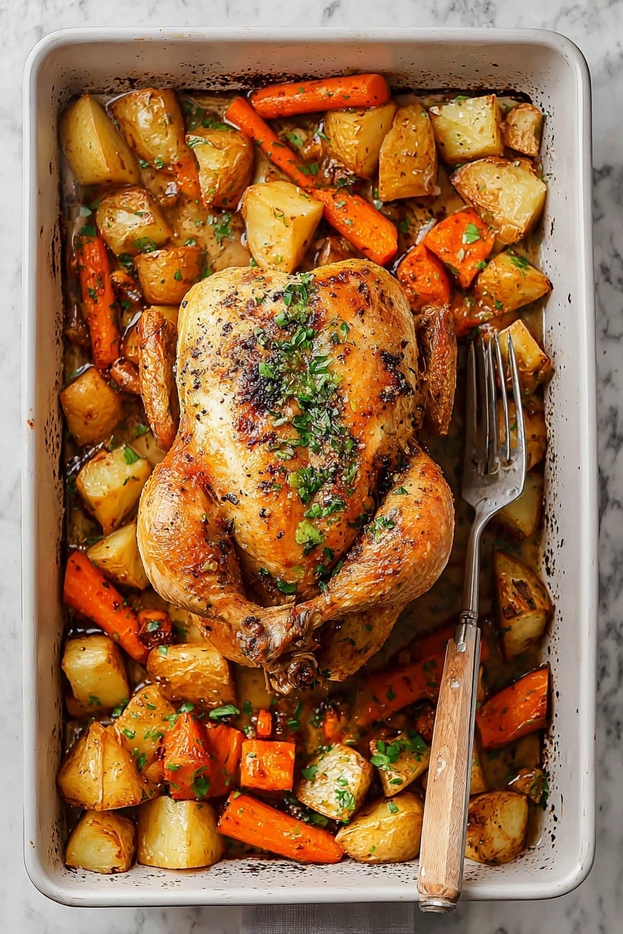 The image shows a whole roasted chicken with a golden brown crispy skin, placed in the center of a white rectangular baking pan. Surrounding the chicken are large chunks of light golden roast potatoes and bright orange roasted carrot pieces mixed with bits of green herbs. The chicken has a slightly glossy texture with some black pepper specks, and fresh chopped green herbs are sprinkled on top and over the vegetables. A silver fork with a wooden handle rests on the right side of the pan, and the whole scene sits on a white marbled textured surface. Photo taken with an iphone --ar 2:3 --v 7 - Slow Roasted Whole Chicken with Herbs and Vegetables, roasted chicken recipe, herb roasted chicken, easy Sunday dinner, healthy roasted chicken