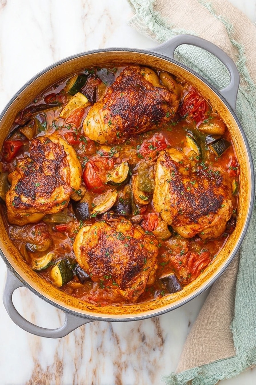A round gray pot filled with four browned chicken leg pieces arranged evenly on top. The chicken pieces have a crispy, slightly charred skin and rest in a chunky vegetable sauce with visible pieces of red tomatoes, green zucchini, and dark purple eggplant. The sauce is thick and glossy, covering the veggies and chicken partially. The pot is placed on a white marbled surface with a folded beige and pale blue cloth nearby. Photo taken with an iphone --ar 2:3 --v 7 - Mediterranean Chicken Stew, Mediterranean chicken stew recipe, healthy chicken stew, easy Mediterranean dinner, flavorful chicken stew