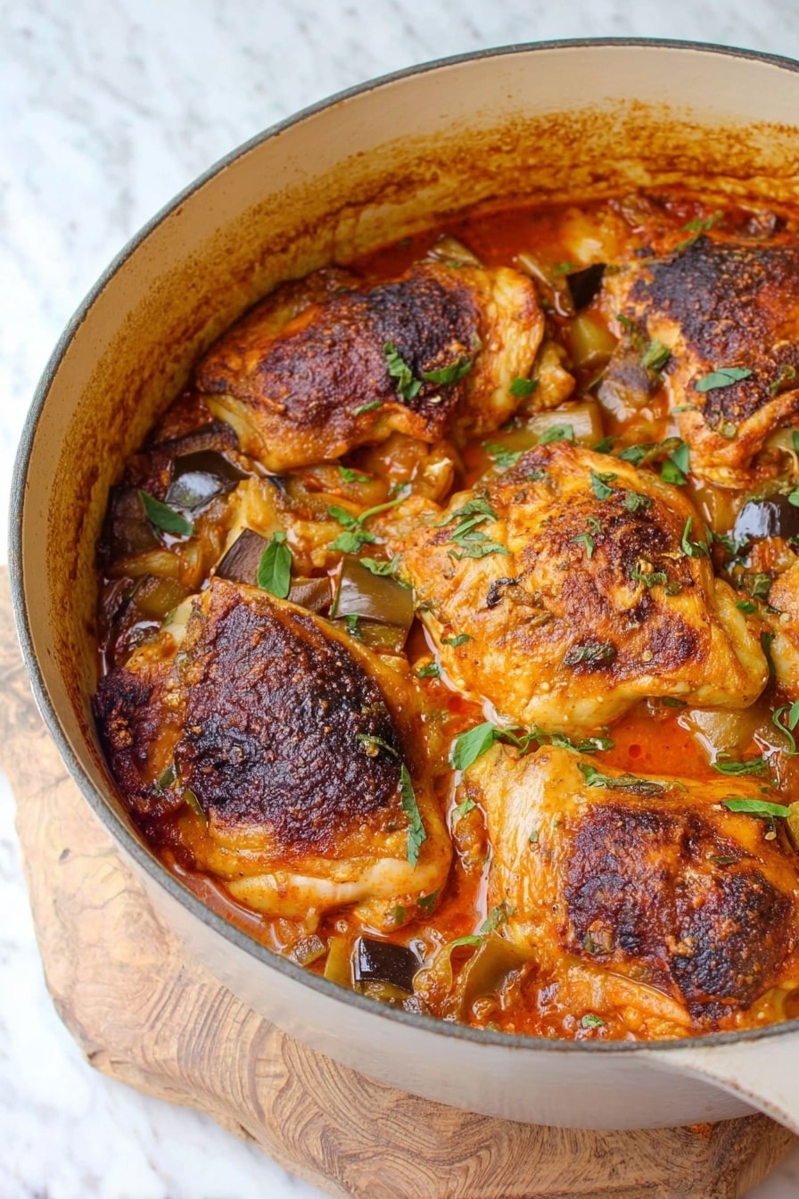 A round white pot holds four large pieces of cooked chicken with golden brown, slightly charred skin sitting on top of a stew with visible chunks of eggplant and tomato in a thick reddish-orange sauce, all layered evenly, filling the pot and creating a rustic and warm look. The pot rests on a wooden board placed over a white marbled surface. Photo taken with an iphone --ar 2:3 --v 7 - Mediterranean Chicken Stew, Mediterranean chicken stew recipe, healthy chicken stew, easy Mediterranean dinner, flavorful chicken stew