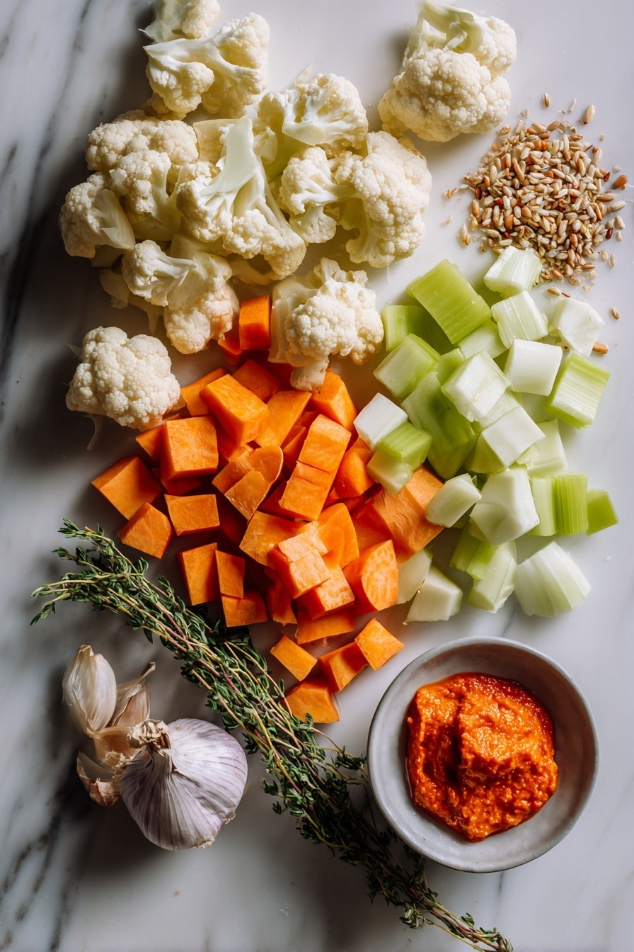 Flat lay of small cauliflower florets, peeled and chopped sweet potatoes, diced shallots, sliced celery sticks, peeled and sliced carrot, minced garlic cloves, dried thyme and dried tarragon sprigs, bright orange tomato paste dollop, and a small pile of grainy mustard seeds, all beautifully arranged with vibrant colors and natural textures, placed on a white marble surface, photo taken with an iphone --ar 2:3 --v 7 - Creamy Cauliflower & Sweet Potato Chowder, healthy vegan soup, cozy plant-based dinner, roasted cauliflower sweet potato soup, dairy-free hearty chowder