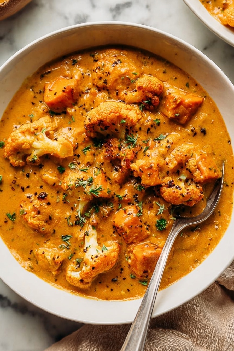 The image shows a bowl of thick orange curry filled with chunks of soft sweet potato and pieces of light brown roasted cauliflower scattered throughout the dish. The curry is creamy with visible small dark specks of black pepper and bits of green herbs sprinkled on top for color. A silver spoon rests inside the white bowl on the right side. The bowl is placed on a white marbled surface with a beige cloth nearby. The texture of the curry looks smooth and rich with some shine on the surface. Photo taken with an iphone --ar 2:3 --v 7 - Creamy Cauliflower & Sweet Potato Chowder, healthy vegan soup, cozy plant-based dinner, roasted cauliflower sweet potato soup, dairy-free hearty chowder