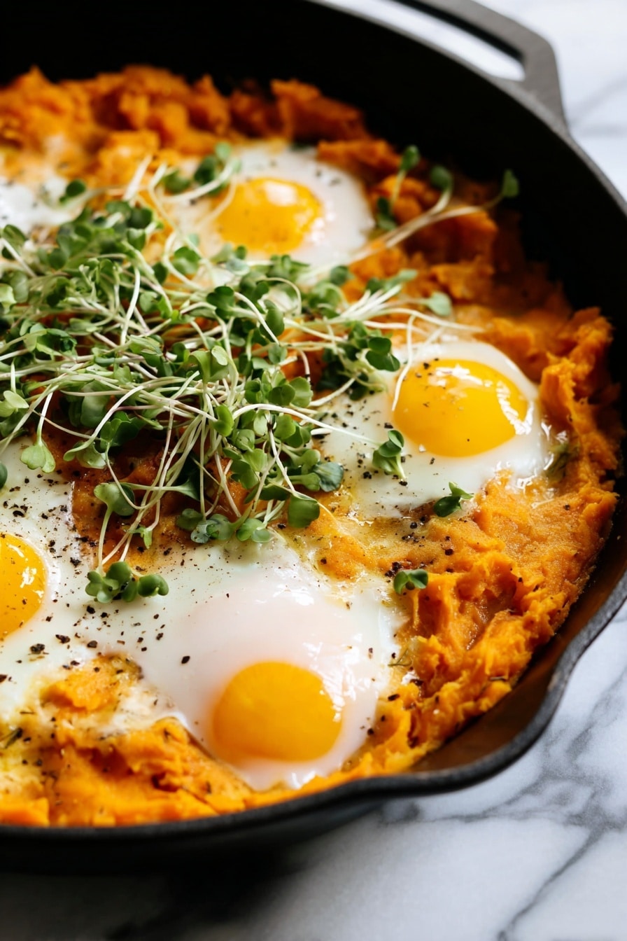 A black skillet holds a dish with one base layer of soft, mashed orange sweet potatoes that cover the bottom with a slightly chunky texture. Four cooked eggs are placed evenly over this base; each egg has a smooth, white cooked edge and bright, round yellow yolks in the center. Small green herbs and thin light green sprouts with long stems are sprinkled over the eggs and sweet potatoes, adding fresh, leafy textures. The skillet sits on a white marbled surface. photo taken with an iphone --ar 2:3 --v 7 - Orange Shakshuka with Roasted Butternut Squash and Spiced Eggs, shakshuka with butternut squash, spicy breakfast with roasted squash, vibrant brunch shakshuka, cozy egg shakshuka recipe
