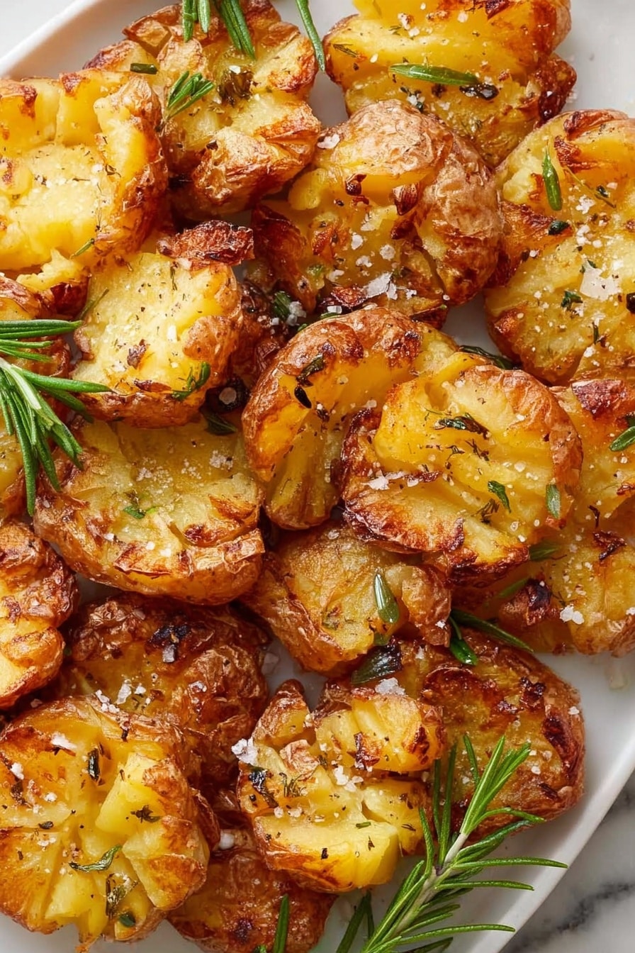The dish shows a close-up of many golden-brown smashed potatoes with crispy, uneven edges, and a soft yellow inside. The potatoes are sprinkled with coarse salt, black pepper, and small green herb flakes. There are fresh green rosemary sprigs placed among the potatoes, adding a touch of color. The potatoes sit closely together on a white plate on a white marbled surface. photo taken with an iphone --ar 2:3 --v 7 - Crispy Air Fryer Smashed Potatoes, air fryer smashed potatoes, crispy potato sides, easy air fryer potato recipes, crunchy smashed potatoes
