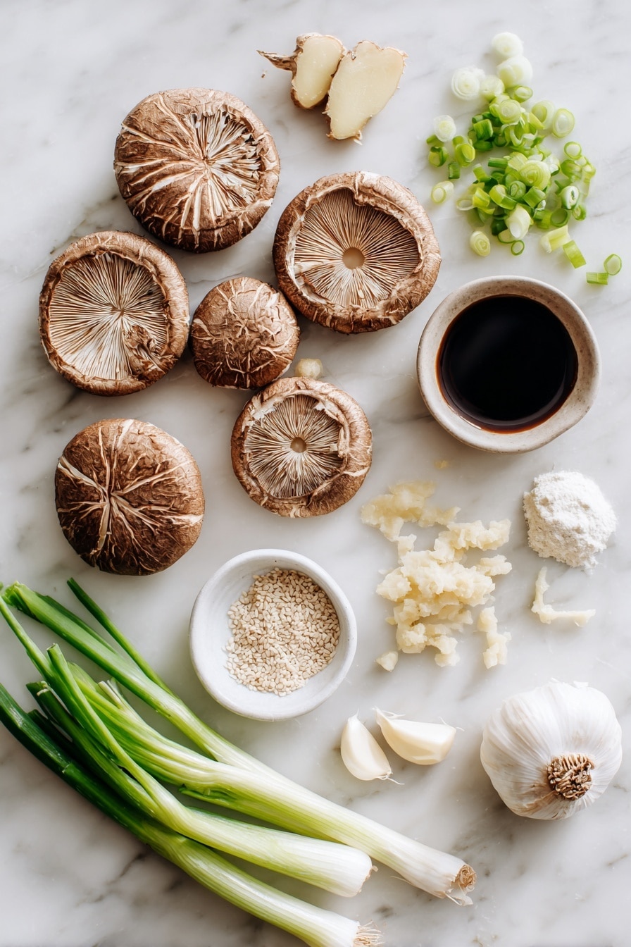 Flat lay of thick king oyster mushroom rounds with a criss-cross pattern, fresh minced ginger pieces, peeled garlic cloves and minced garlic scattered elegantly, a small dollop of white miso paste, a drizzle of deep soy sauce, bright green chopped scallions, and a sprinkle of white sesame seeds, all arranged beautifully on a white marble surface, photo taken with an iphone --ar 2:3 --v 7 - Miso Soy King Oyster Mushroom, vegan scallops, vegan seafood alternative, mushroom recipes, plant-based seafood