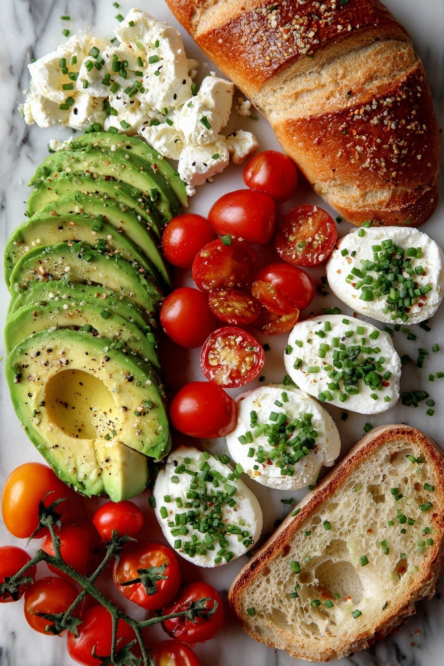 Flat lay of ripe avocado slices, creamy white cottage cheese dollops, halved vibrant red cherry tomatoes, fresh chopped green chives, crisp sourdough bread slices with a golden buttery sheen, and a small pile of Everything But The Bagel seasoning sprinkled artfully, all placed on a white marble surface, photo taken with an iphone --ar 2:3 --v 7 - Avocado Cottage Cheese Toast, Avocado Cottage Cheese Toast with Everything But The Bagel Seasoning, healthy avocado toast, quick breakfast ideas, protein-packed toast