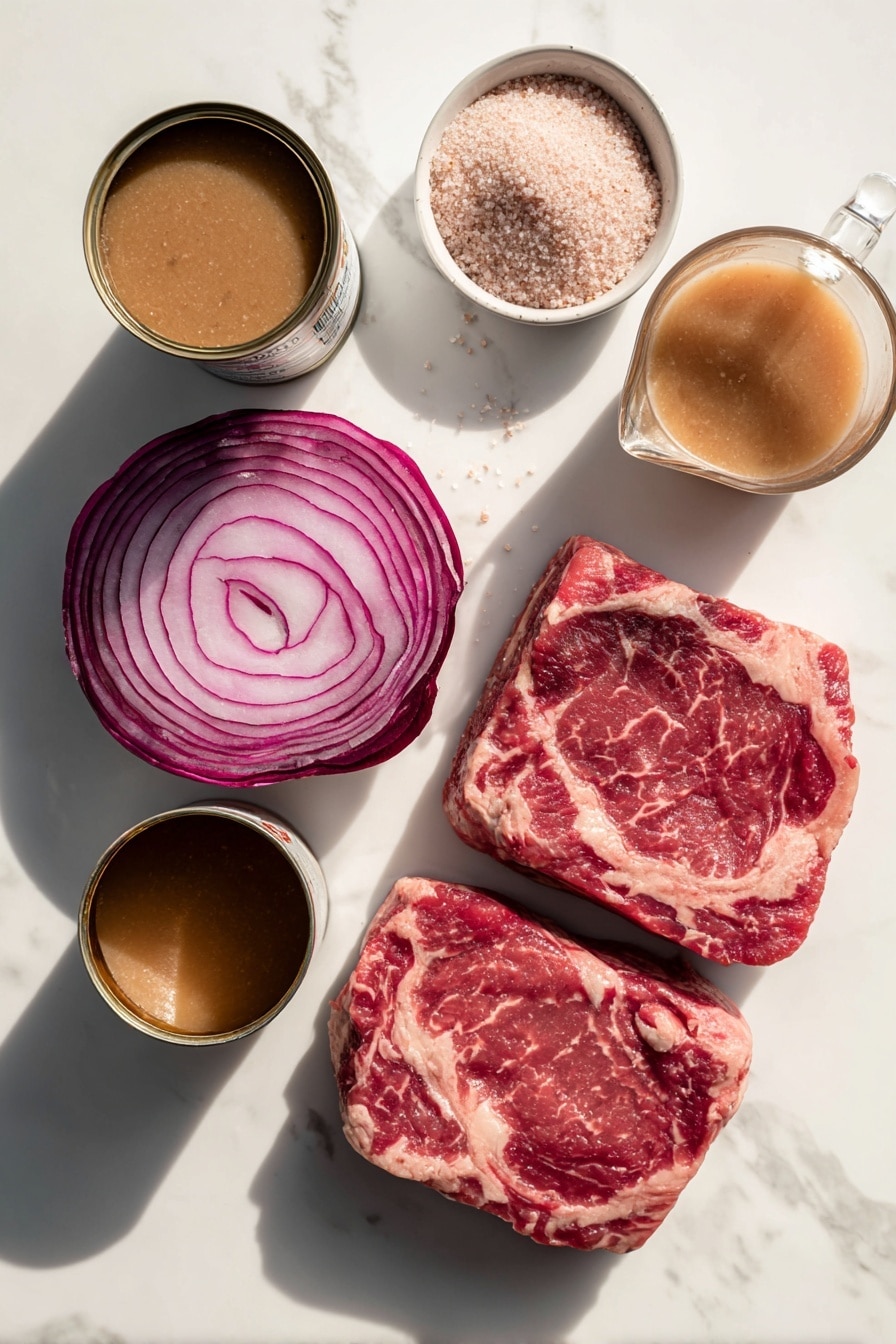 Flat lay of thick raw cube steaks with visible marbling, two cans of cream of mushroom soup with their labels partly visible, a large minced red onion showing vibrant purple and white layers, a small heap of homemade beef bouillon powder crystals, and a clear measuring cup filled with rich beef broth, all beautifully arranged with natural lighting, fresh and inviting, placed on a white marble surface, photo taken with an iphone --ar 2:3 --v 7 - Crock Pot Cube Steak, slow cooker cube steak recipe, easy cube steak dinner, tender beef stew, hearty slow cooker meals