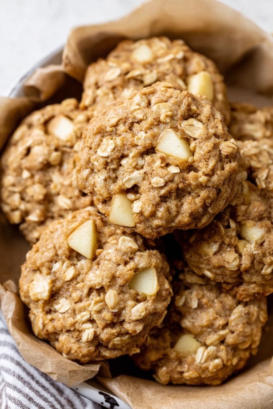 The image shows a close-up of a group of oatmeal cookies with small pieces of apple mixed in. Each cookie is round and thick, with a rough texture from the oats and visible chunks of pale yellow apple spread throughout. The cookies are piled together in a round baking dish lined with brown parchment paper. The background is a white marbled texture with a striped cloth lightly showing. Photo taken with an iphone --ar 2:3 --v 7 - Apple Oatmeal Cookies, cozy fall cookies, easy apple cookies, chewy oatmeal cookies, spiced apple treats