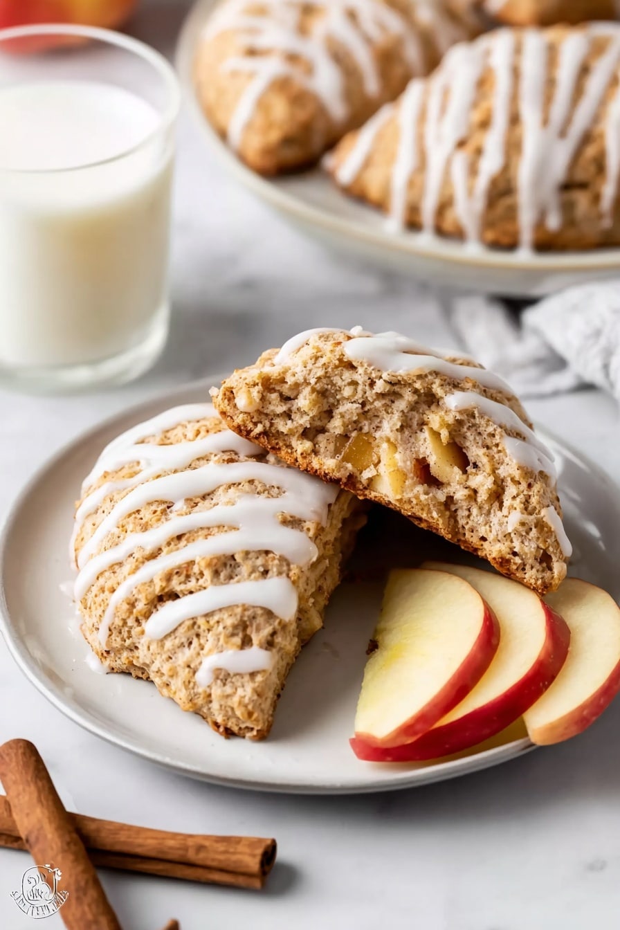 Two light brown scones with a rough, crumbly texture sit on a white plate. One scone is whole and covered with thin white icing stripes evenly spaced across the top, while the other is broken in half, showing a soft, moist inside with small bits of apple visible. Next to the scones, there are two slices of red and yellow apple placed on the plate. In the background, more scones with similar white icing stripes and a glass of milk can be seen, all placed on a white marbled surface. Two cinnamon sticks lie near the glass, adding a warm brown color contrast to the scene. Photo taken with an iphone --ar 2:3 --v 7 - Easy Apple Scones, apple scones recipe, flaky scones with apple, homemade apple scones, fall breakfast ideas