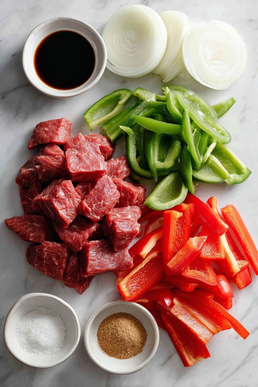 Flat lay of thin strips of raw round steak, thick sliced green bell pepper, thick sliced red bell pepper, thick sliced white onion, a small pile of brown sugar, a small bowl of soy sauce, a mound of ground ginger powder, and a mound of garlic powder, all beautifully arranged with natural light highlighting their colors and textures, placed on a white marble surface, photo taken with an iphone --ar 2:3 --v 7 - Crockpot Pepper Steak, slow cooker beef dinner, easy crockpot recipes, hearty beef and bell peppers, comfort food slow cooker