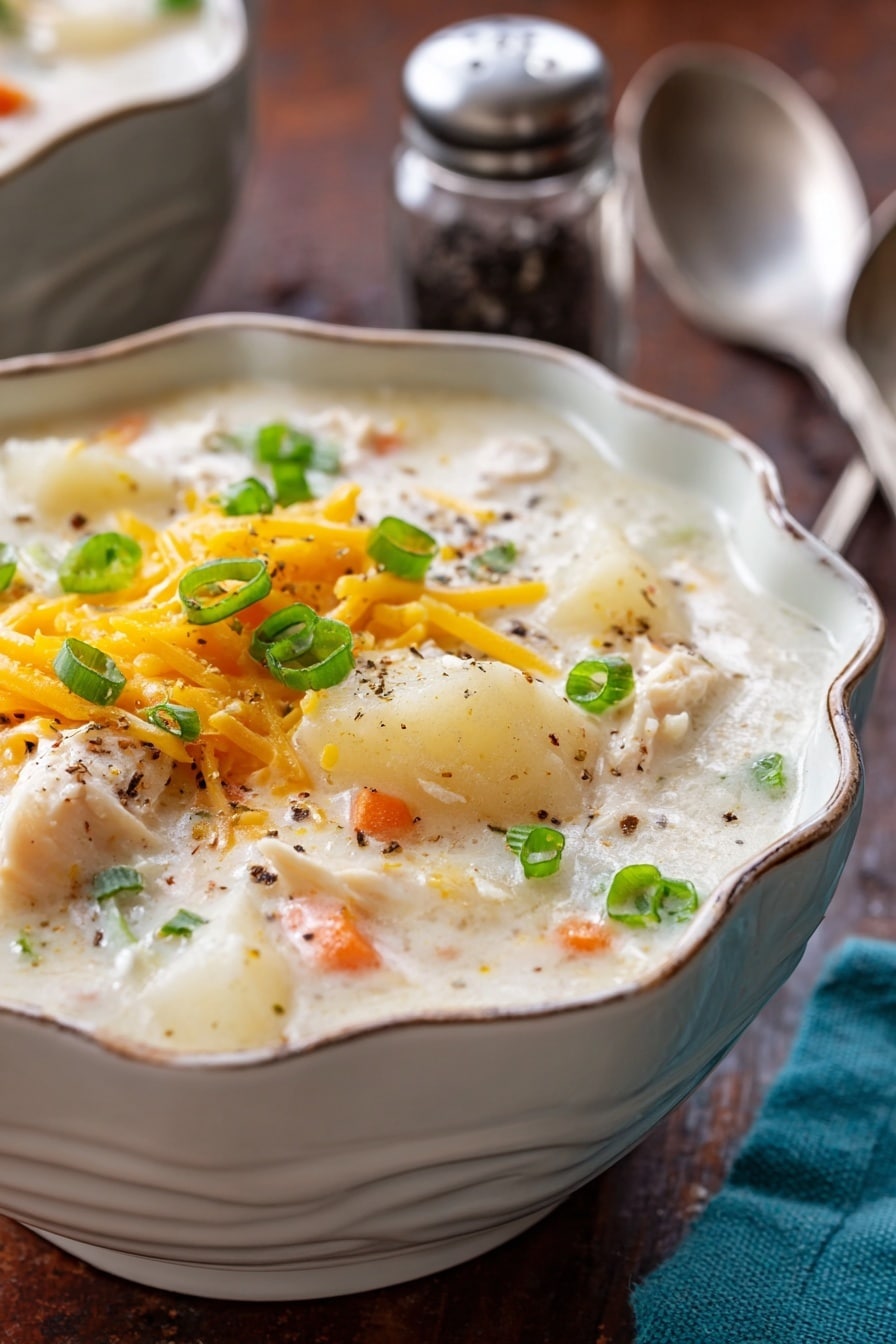 Two white bowls with scalloped edges are filled with creamy soup that has visible chunks of white potatoes, orange carrots, and slices of white chicken. The soup is topped with bright yellow shredded cheddar cheese and sprinkled with small green chopped herbs and black pepper. The bowls sit on a white marbled surface with a pile of shredded cheddar cheese and green onions in the background. A silver spoon rests near the front bowl. photo taken with an iphone --ar 2:3 --v 7 - Creamy Slow Cooker Chicken and Potato Soup, easy slow cooker chicken potato soup, comforting chicken potato soup recipe, velvety chicken and potato soup, family-friendly slow cooker soup