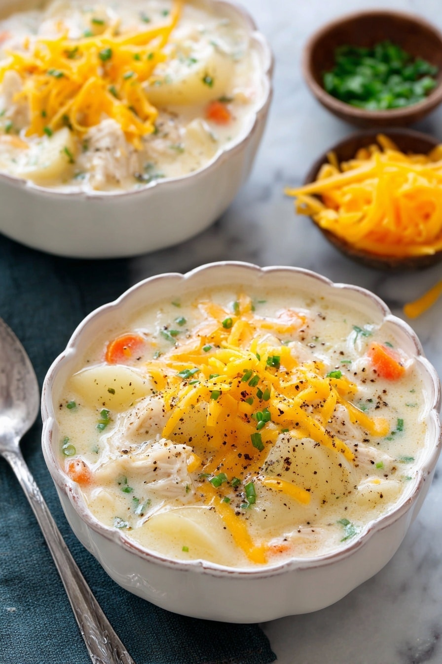 Two bowls of creamy white soup sit on a white marbled background. Each bowl has a scalloped edge and contains a thick soup with chunks of light orange carrot, white potato pieces, and light beige shredded chicken. On top, there is a layer of shredded yellow cheese and small green chive pieces sprinkled with black pepper. Next to the bowls are two old silver spoons and some green chives with a pile of yellow shredded cheese nearby. Photo taken with an iphone --ar 2:3 --v 7 - Creamy Slow Cooker Chicken and Potato Soup, easy slow cooker chicken potato soup, comforting chicken potato soup recipe, velvety chicken and potato soup, family-friendly slow cooker soup