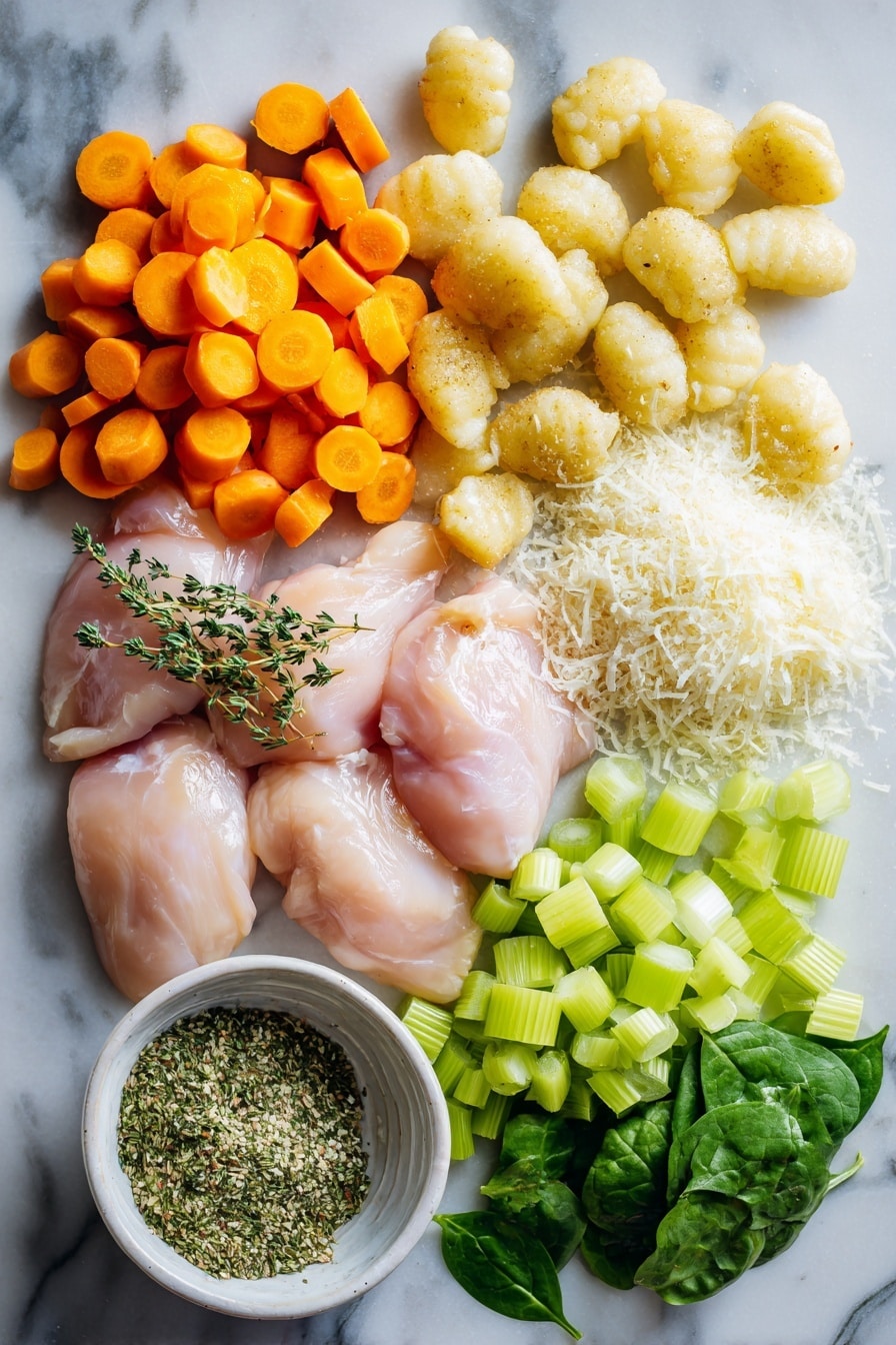 Flat lay of tender boneless skinless chicken breasts, bright orange peeled and chopped carrots, crisp chopped celery ribs, finely chopped medium onion, small soft gnocchi pieces, fresh roughly chopped green spinach leaves, a small pile of grated Parmesan cheese, and a sprinkle of dried parsley and thyme herbs, all beautifully arranged with vibrant colors and textures, placed on a white marble surface, photo taken with an iphone --ar 2:3 --v 7 - Slow Cooker Chicken Gnocchi Soup, easy chicken gnocchi soup, creamy slow cooker soup, healthy chicken dinner, comforting winter soup