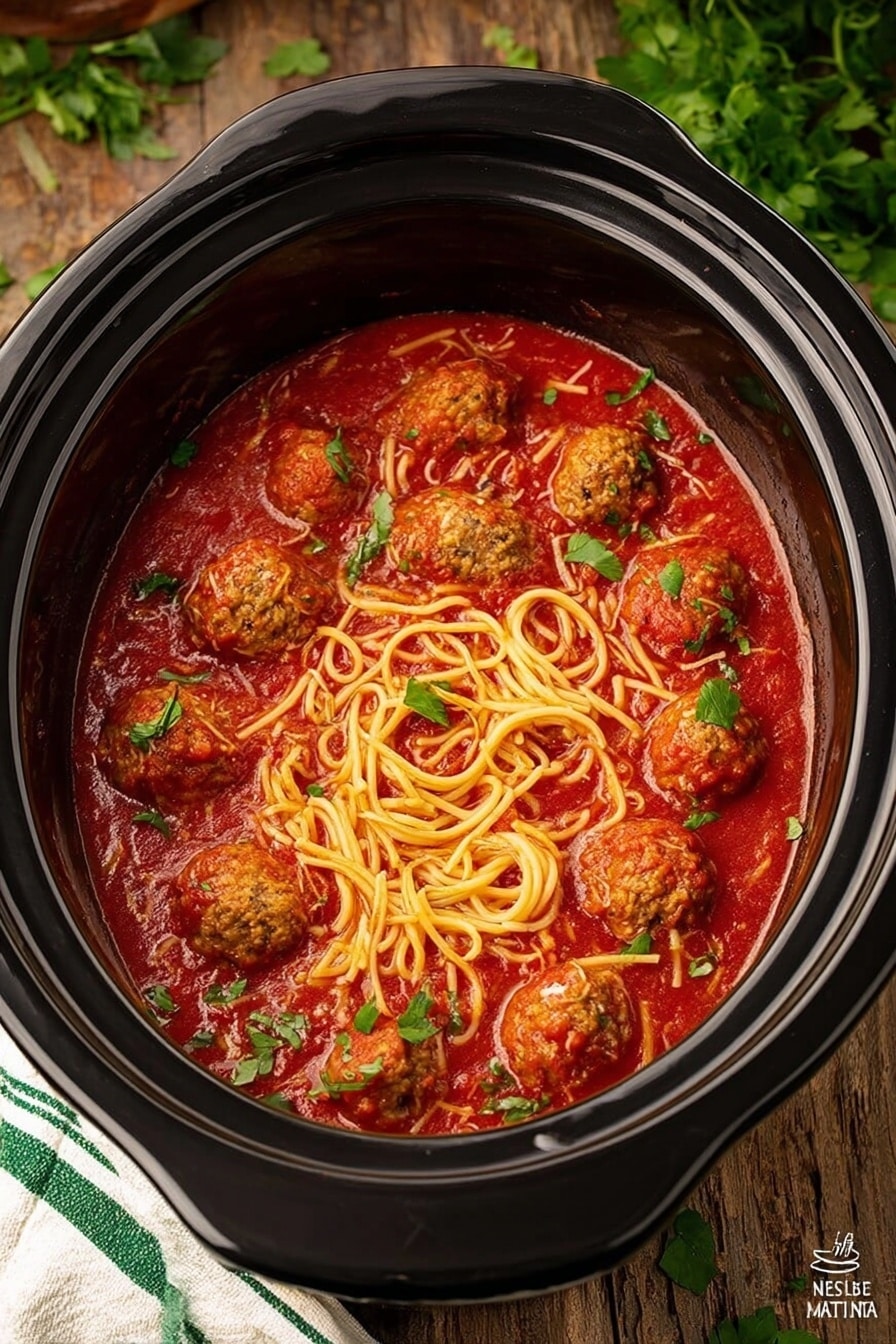 In a large black slow cooker, there is a dish with two main layers: the bottom layer is rich red tomato sauce that fills the cooker, and the top layer consists of round, cooked meatballs that are lightly browned with a slightly rough texture, nestled in the sauce. Mixed among the meatballs are light yellow strands of spaghetti, some forming small loops and some slightly tangled, sitting on the surface of the sauce. Small green herb leaves are sprinkled on top, adding a fresh touch of color. The slow cooker is on a wooden surface, with some green herbs and a white cloth with green stripes nearby. photo taken with an iphone --ar 2:3 --v 7 - Easy Crock Pot Spaghetti with Meatballs, slow cooker spaghetti and meatballs, effortless crockpot dinner, easy family-friendly spaghetti, simple crockpot recipes