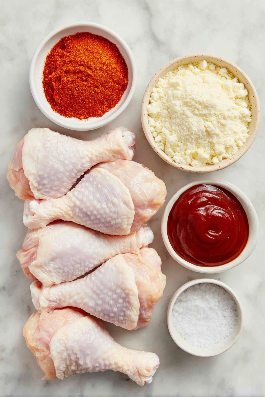 Flat lay of fresh, raw chicken drumsticks arranged neatly, a small white bowl filled with vibrant red smoked paprika powder, another small white bowl containing fine granulated garlic powder, a small white bowl with coarse kosher salt crystals, and a small white bowl holding glossy, deep reddish-brown BBQ sauce, all ingredients placed with perfect symmetry on a clean white marble surface, soft natural light, photo taken with an iPhone, professional food photography style, fresh ingredients, white ceramic bowls, no bottles, no duplicates, no utensils, no packaging --ar 2:3 --v 7 --p awthu7i m7354615311229779997 - Incredible Slow Cooker Drumsticks, easy slow cooker chicken, flavorful chicken drumsticks, 4 ingredient chicken recipe, grocery store chicken dinner