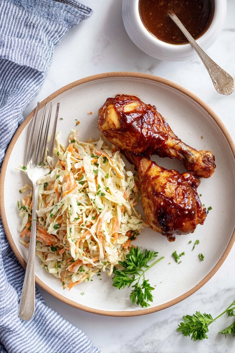 The image shows a white plate with two dark brown glazed chicken drumsticks placed on the right side. On the left side of the plate, there is a serving of creamy coleslaw made of shredded cabbage and carrots mixed with green herbs, creating a mix of white, orange, and green colors with a soft texture. A silver fork rests on the left edge of the plate, partly touching the coleslaw. A small sprig of fresh green parsley lies near the bottom right of the coleslaw. The plate is on a white marbled surface with a blue-striped cloth partially visible at the bottom left. To the top right, there is a white bowl filled with dark brown sauce with a spoon inside it. photo taken with an iphone --ar 2:3 --v 7 - Incredible Slow Cooker Drumsticks, easy slow cooker chicken, flavorful chicken drumsticks, 4 ingredient chicken recipe, grocery store chicken dinner
