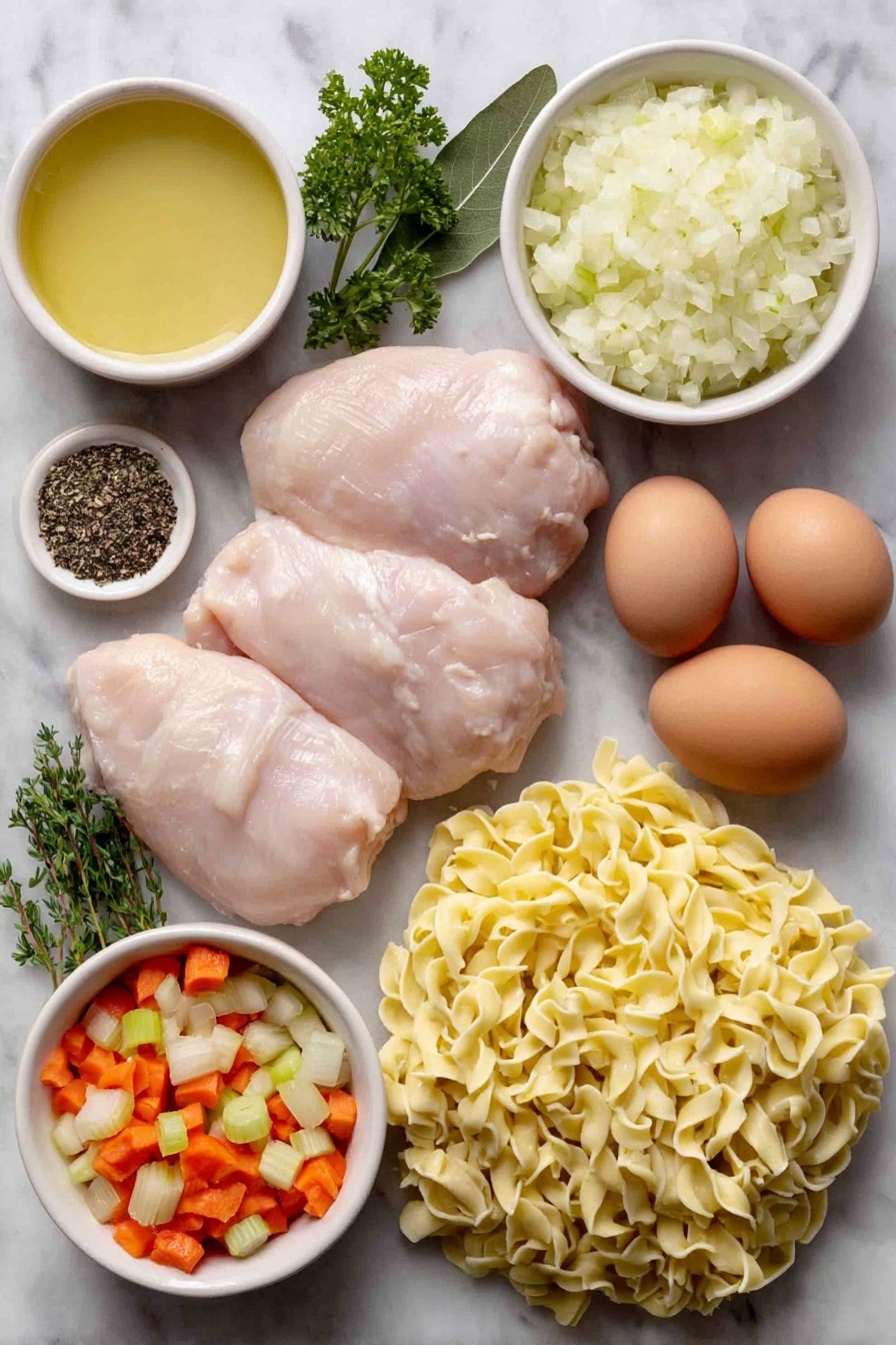 Flat lay of boneless skinless chicken breasts, a small white ceramic bowl of chopped onion, peeled and chopped large carrots, chopped celery ribs, minced garlic cloves, fresh thyme sprigs, a single bay leaf, whole uncracked brown eggs, small white ceramic bowls containing salt and black pepper, small white ceramic bowl of chicken stock, a pile of fresh egg noodles, fresh parsley leaves, all arranged in perfect symmetry on a clean white marble surface, soft natural light, photo taken with an iPhone, professional food photography style, fresh ingredients, white ceramic bowls, no bottles, no duplicates, no utensils, no packaging --ar 2:3 --v 7 --p awthu7i m7354615311229779997 - Crockpot Chicken Noodle Soup, easy chicken noodle soup, slow cooker chicken soup, homemade chicken noodle soup, comforting crockpot recipes
