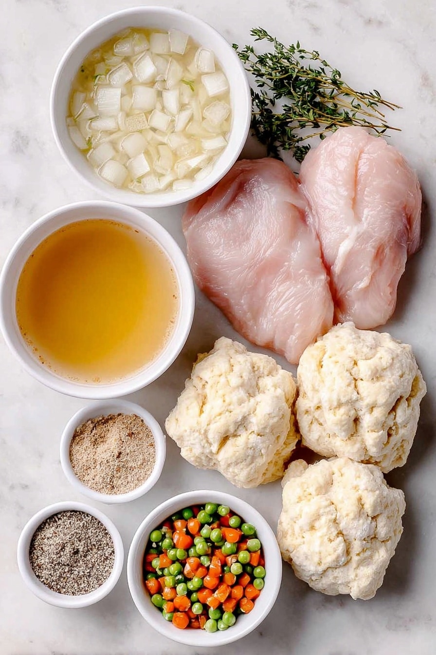 Flat lay of a large diced white onion, four raw boneless skinless chicken breasts, a few sprigs of fresh chopped parsley, a small white ceramic bowl with pale creamy celery soup, a small white ceramic bowl with pale creamy chicken soup, a small white ceramic bowl with light brown poultry seasoning powder, a small white ceramic bowl with coarse black pepper, a small white ceramic bowl of clear golden chicken broth, a small white ceramic bowl of thawed bright orange and green peas and carrots, and four raw buttermilk biscuit dough pieces unrolled and flattened, all arranged symmetrically on a clean white marble surface, soft natural light, photo taken with an iPhone, professional food photography style, fresh ingredients, white ceramic bowls, no bottles, no duplicates, no utensils, no packaging --ar 2:3 --v 7 --p awthu7i m7354615311229779997 - Crock Pot Chicken and Dumplings, slow cooker chicken stew, easy chicken and dumplings, comforting crockpot recipes, hearty chicken dinner