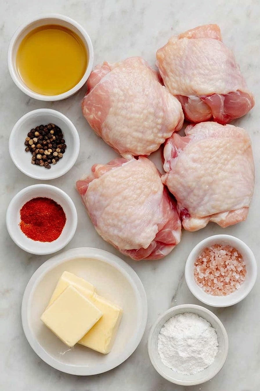 Flat lay of fresh raw boneless skinless chicken thighs neatly arranged, a small white ceramic bowl of smooth dijon mustard, a small white bowl of golden apple cider vinegar, coarse pink Himalayan salt crystals in a white dish, whole black peppercorns scattered in a white bowl, bright red paprika powder in a white bowl, a few pats of salted butter on a white plate, fine white cornstarch in a small white bowl, a white ceramic bowl filled with amber apple cider, light brown soft packed brown sugar in a small white bowl, all ingredients naturally fresh and unprocessed, placed on a clean white marble surface, soft natural light, photo taken with an iPhone, professional food photography style, fresh ingredients, white ceramic bowls, no bottles, no duplicates, no utensils, no packaging --ar 2:3 --v 7 --p awthu7i m7354615311229779997 - Apple Cider Glazed Chicken Thighs, easy chicken dinner recipes, flavorful chicken thigh recipes, weeknight chicken ideas, sweet and tangy chicken dishes