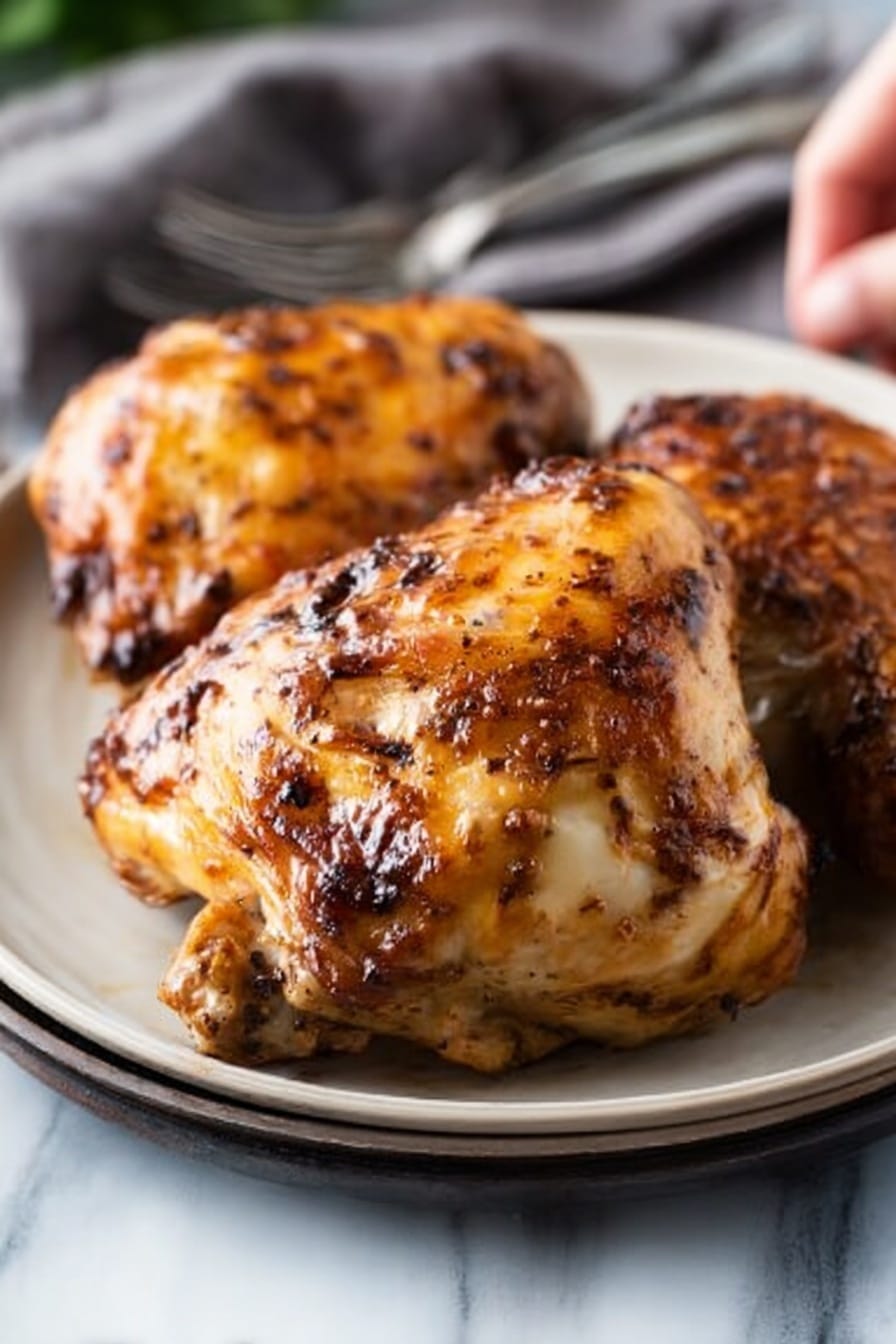 The image shows two large cooked chicken parts on a round white plate. The chicken skin is golden brown with darker roasted spots and a shiny, slightly oily texture. The plate is on a white marbled surface, and in the background, part of a grey cloth and some silver forks are slightly out of focus. A woman's hand is reaching towards the food from the right side. Photo taken with an iphone --ar 2:3 --v 7 - Apple Cider Glazed Chicken Thighs, easy chicken dinner recipes, flavorful chicken thigh recipes, weeknight chicken ideas, sweet and tangy chicken dishes