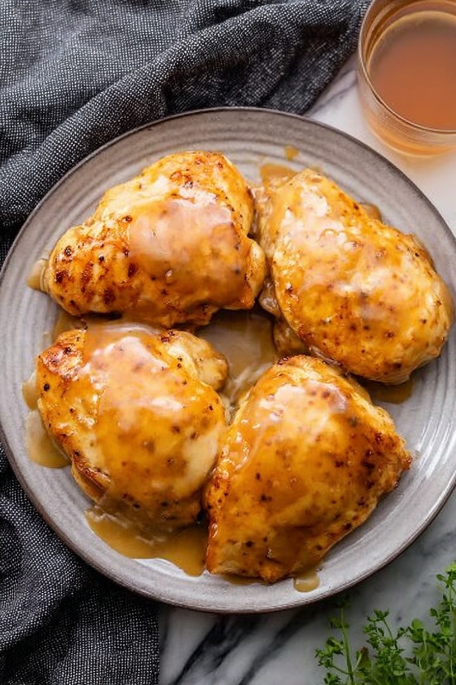 Four golden brown cooked pieces of chicken with a slightly glossy sauce coating on top are arranged close together on a round white plate with subtle lines. The sauce looks smooth and creamy, dripping a little on the sides of the chicken. A glass with a light brown liquid is visible near the top right corner of the image. A grey textured cloth is placed in the upper left corner, and a small bunch of green leafy herbs appears at the bottom right edge on a white marbled surface. Photo taken with an iphone --ar 2:3 --v 7 - Apple Cider Glazed Chicken Thighs, easy chicken dinner recipes, flavorful chicken thigh recipes, weeknight chicken ideas, sweet and tangy chicken dishes