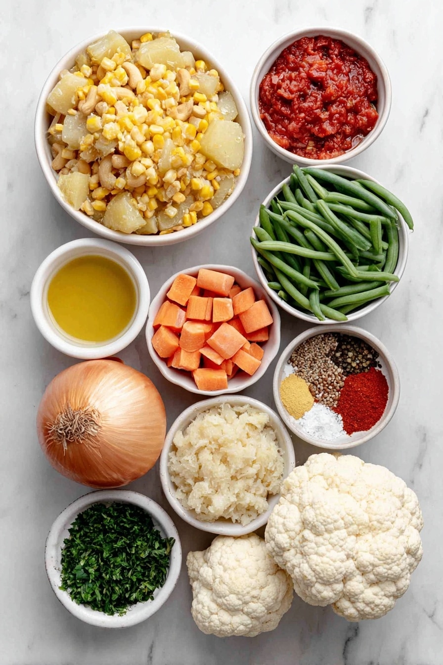 Flat lay of a small pile of golden cashews, a medium peeled and chopped carrot, a medium peeled and chopped potato, a handful of fresh green beans cut into pieces, a small mound of fresh peas, a cluster of white cauliflower florets, a few bright yellow sweet corn kernels, one whole uncracked brown onion, one fresh green chili, a small white bowl with finely pureed red tomatoes, a small white bowl with golden cooking oil, a small bunch of fresh chopped coriander leaves, a small white bowl with finely grated pale ginger garlic paste, a small white bowl containing mixed whole spices including cumin seeds, green cardamoms, a cinnamon stick, and a bay leaf, and a small white bowl with bright red Kashmiri chili powder, all arranged symmetrically on a clean white marble surface, soft natural light, photo taken with an iPhone, professional food photography style, fresh ingredients, white ceramic bowls, no bottles, no duplicates, no utensils, no packaging --ar 2:3 --v 7 --p awthu7i m7354615311229779997 - Vegetable Curry, healthy vegetable curry recipe, easy vegetable curry, hearty vegan curry, spicy vegetable curry