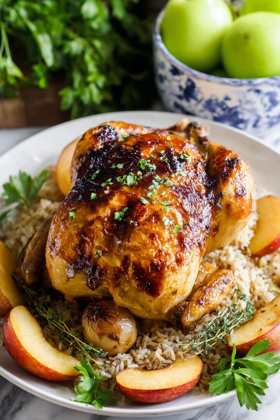 A whole roasted chicken with a golden brown skin, some darker caramelized spots, and small green herb bits on top sits centered on a white plate. Underneath the chicken is a bed of cooked rice with a few dark herbs and a garlic bulb near the chicken’s opening. Around the chicken and rice, there are slices of peach colored fruit with sprigs of thyme. Bright green parsley leaves decorate the edges of the plate. In the background, next to the plate, are green apples in a white bowl with blue details, placed on a white marbled surface. photo taken with an iphone --ar 2:3 --v 7 - Apple Cider Glazed Roasted Chicken, roasted chicken with apple cider glaze, easy apple cider chicken recipe, juicy roasted chicken with glaze, quick apple cider chicken