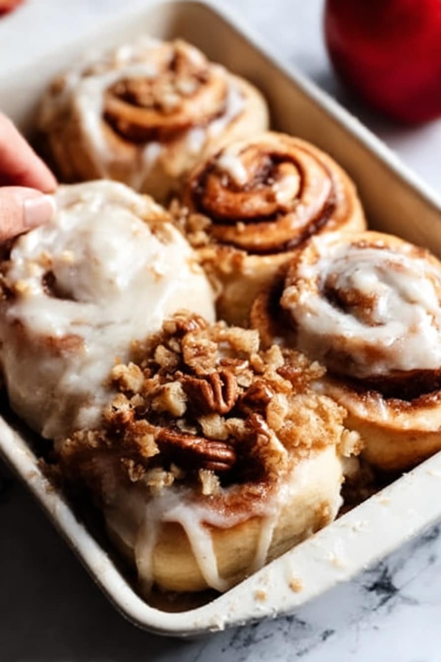 A tray of four cinnamon rolls is shown, each roll with a light brown, swirled dough base topped with creamy white icing spread unevenly but generously. One cinnamon roll on the top right is mostly visible with a twisted shape and some darker brown spots where the cinnamon sugar caramelized. Another cinnamon roll in the middle has a layer of crumbly brown streusel with small bits of pecans sprinkled on top, adding texture. The cinnamon rolls rest in a white tray, and there is a soft light coming from the top left, creating slight shadows. The background shows a white marbled surface and a red apple is blurred out on the upper left corner. A woman's hand is softly touching one cinnamon roll closer to the bottom center. Photo taken with an iphone --ar 2:3 --v 7 - Apple Pie Cinnamon Rolls with Apple Cider Caramel Sauce and Cream Cheese Frosting, fall breakfast cinnamon rolls, apple cinnamon roll recipe, caramel apple cinnamon rolls, homemade apple cinnamon rolls