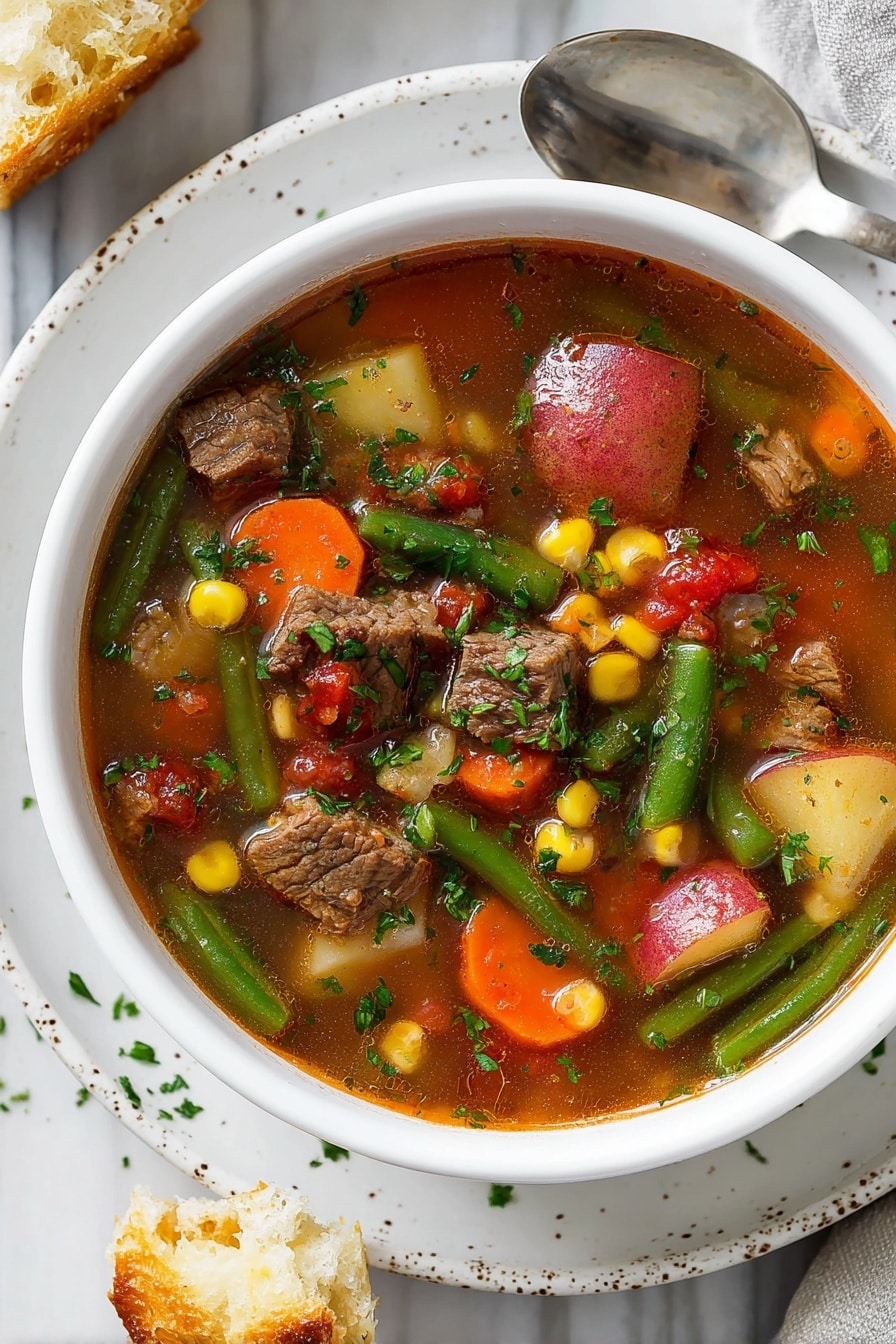 A white bowl filled with vegetable beef soup sits on a white marbled surface with some torn bread pieces nearby. The soup has a clear brown broth with visible chunks of tender beef, red-skinned potato pieces, bright orange carrot slices, green beans, corn kernels, and diced tomatoes. Fresh chopped parsley is sprinkled on top, adding a touch of green. The bowl is placed on a speckled white plate with a silver spoon resting near it. Photo taken with an iphone --ar 2:3 --v 7 - Vegetable Beef Soup, hearty beef vegetable soup, easy homemade beef vegetable soup, nutritious beef and vegetable soup, comforting beef soup recipe