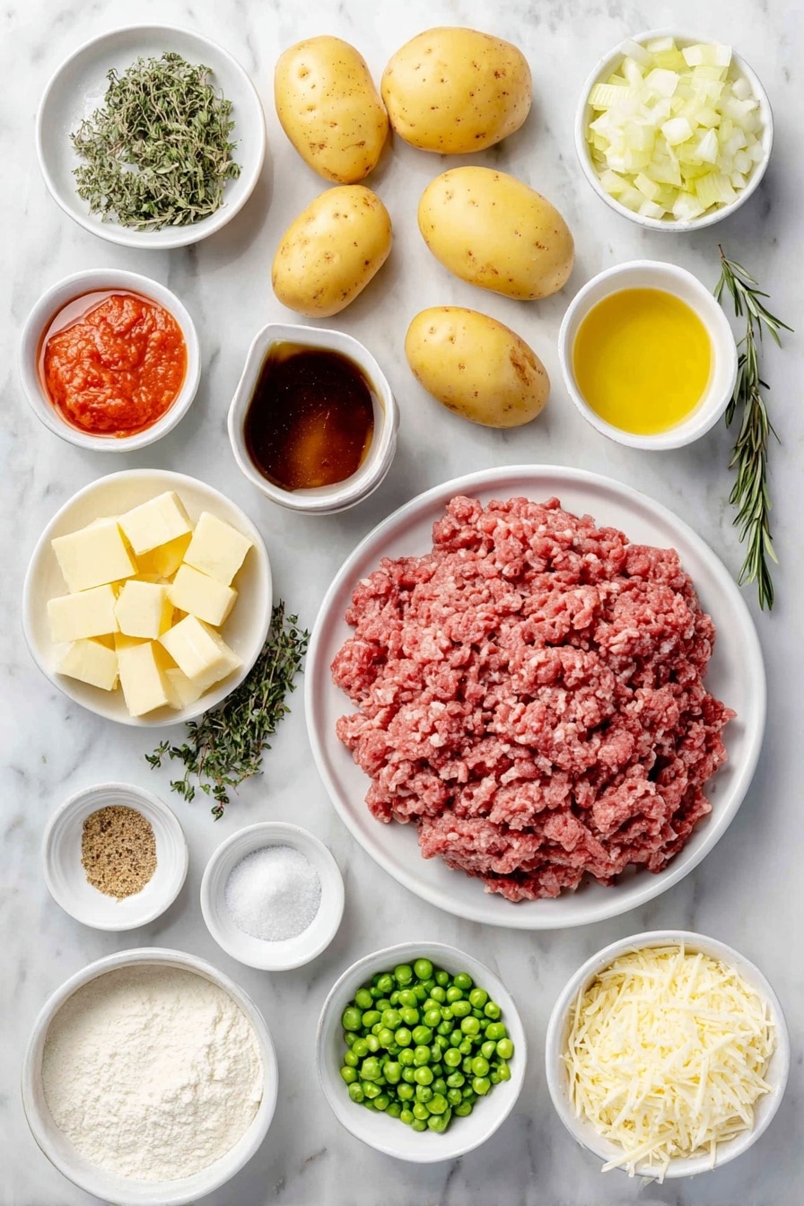 Flat lay of a peeled and cubed pile of fresh potatoes, two whole uncracked brown eggs, a small pile of finely chopped onions, a small heap of minced garlic cloves, a few finely chopped carrot pieces, one rib of celery chopped, a few sprigs of fresh thyme and one sprig of rosemary, a mound of raw ground lamb, a small white ceramic bowl of bright red tomato paste, a small white ceramic bowl filled with golden olive oil, a small white ceramic bowl of thick beef broth, another small white ceramic bowl containing deep red red wine, a small white ceramic bowl with crumbled beef bouillon cube, a small white ceramic bowl with dark Worcestershire sauce, two dried bay leaves, a small white ceramic bowl of frozen green peas, a small white ceramic bowl of plain white flour, a small white ceramic bowl of whole milk, a few cubes of unsalted butter arranged neatly, a small white ceramic bowl filled with grated Parmesan cheese, a small white ceramic bowl with freshly ground black pepper, a small white ceramic bowl with coarse kosher salt — all ingredients arranged in perfect symmetry, balanced layout placed on a clean white marble surface, soft natural light, photo taken with an iPhone, professional food photography style, fresh ingredients, white ceramic bowls, no bottles, no duplicates, no utensils, no packaging --ar 2:3 --v 7 --p awthu7i m7354615311229779997 - Classic Shepherd's Pie with Lamb or Beef, Shepherd's Pie recipe, hearty shepherd's pie, lamb and beef shepherd's pie, comfort food recipes