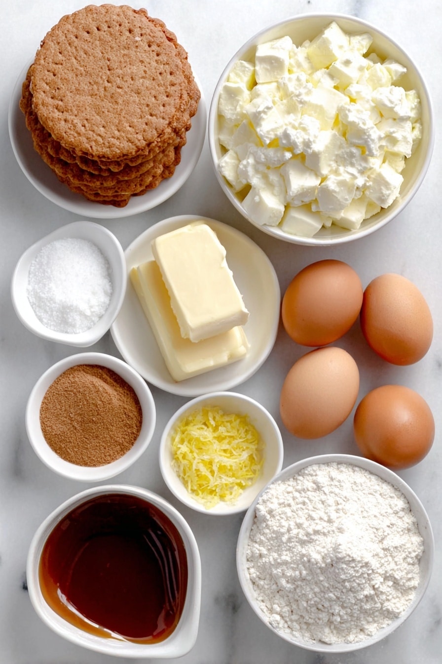 Flat lay of a few whole digestive biscuits, a small white bowl of melted butter, a smooth block of full-fat cream cheese, a small white bowl of granulated sugar, a tiny pinch of salt in a white bowl, a small white bowl of clear vanilla extract, two whole uncracked brown eggs, a small white ceramic bowl of peeled and chopped green granny smith apples, a small white bowl of light brown demerara sugar, a small white bowl of lemon zest, a small white bowl of ground cinnamon, a small white bowl of ground nutmeg, a few small cubes of chilled unsalted butter, a small white bowl of plain flour, and a small white bowl of glossy caramel sauce placed on a clean white marble surface, soft natural light, photo taken with an iPhone, professional food photography style, fresh ingredients, white ceramic bowls, no bottles, no duplicates, no utensils, no packaging --ar 2:3 --v 7 --p awthu7i m7354615311229779997 - Caramel Apple Cheesecake Bars, fall dessert recipes, apple cheesecake bars, caramel apple dessert, easy holiday baked goods