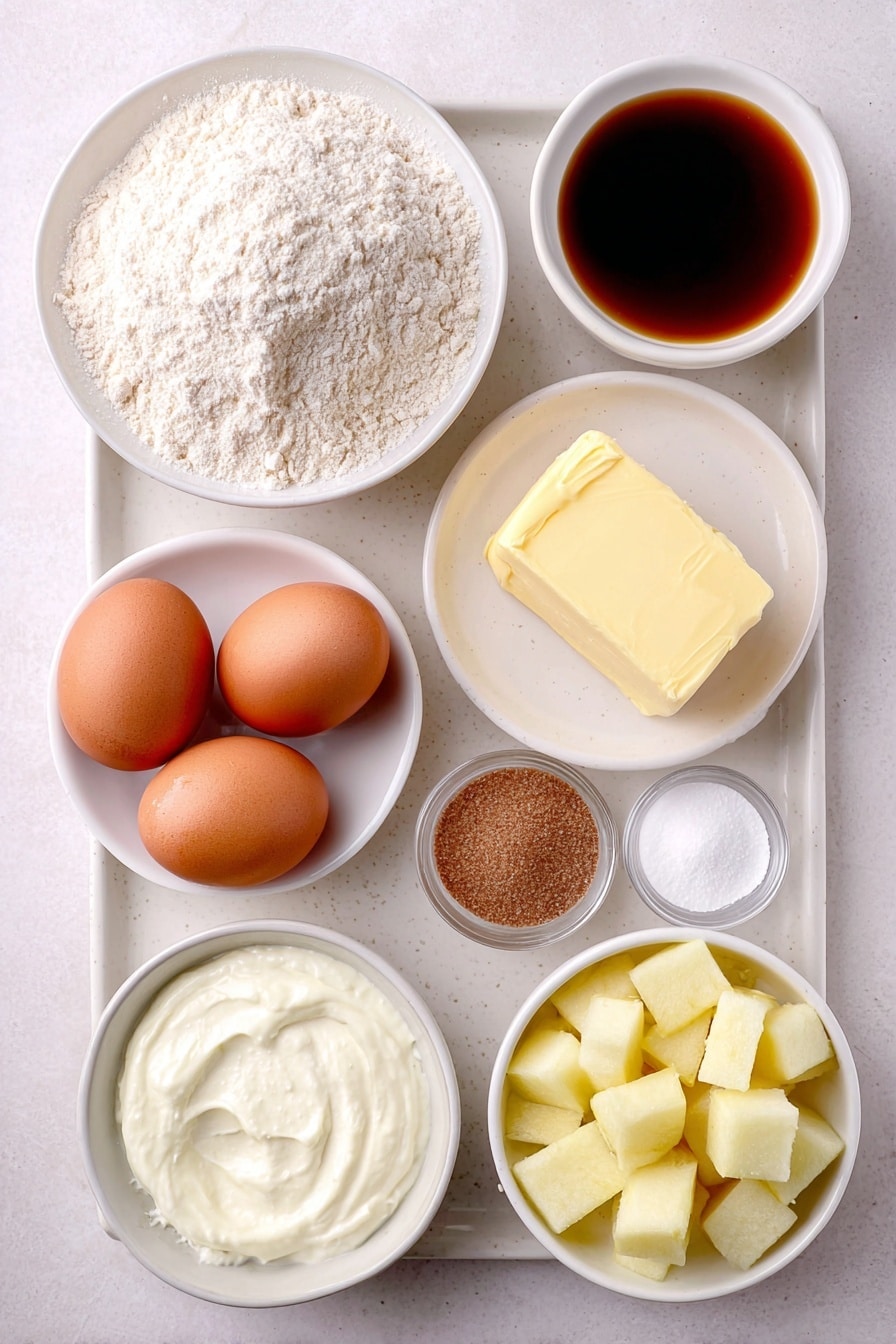 Flat lay of a small mound of all-purpose flour on a simple white ceramic plate, a small pile of baking powder and baking soda sprinkled neatly nearby on the same plate, a square of softened unsalted butter placed on a white dish, a small white bowl filled with packed dark brown sugar, a tiny white bowl with pure vanilla extract, two large whole uncracked brown eggs sitting side by side, a small white bowl holding creamy full fat plain yogurt, three peeled and cored medium tart apples cut into small half-inch cubes arranged symmetrically on a white plate, a small white bowl with ground cinnamon, and a small white bowl containing granulated sugar, all ingredients arranged in perfect symmetry, placed on a clean white marble surface, soft natural light, photo taken with an iPhone, professional food photography style, fresh ingredients, white ceramic bowls, no bottles, no duplicates, no utensils, no packaging --ar 2:3 --v 7 --p awthu7i m7354615311229779997 - Caramel Apple Cake,Apple Cake with Caramel,Autumn Dessert Recipes,Easy Apple Cake,Fall Baking Ideas