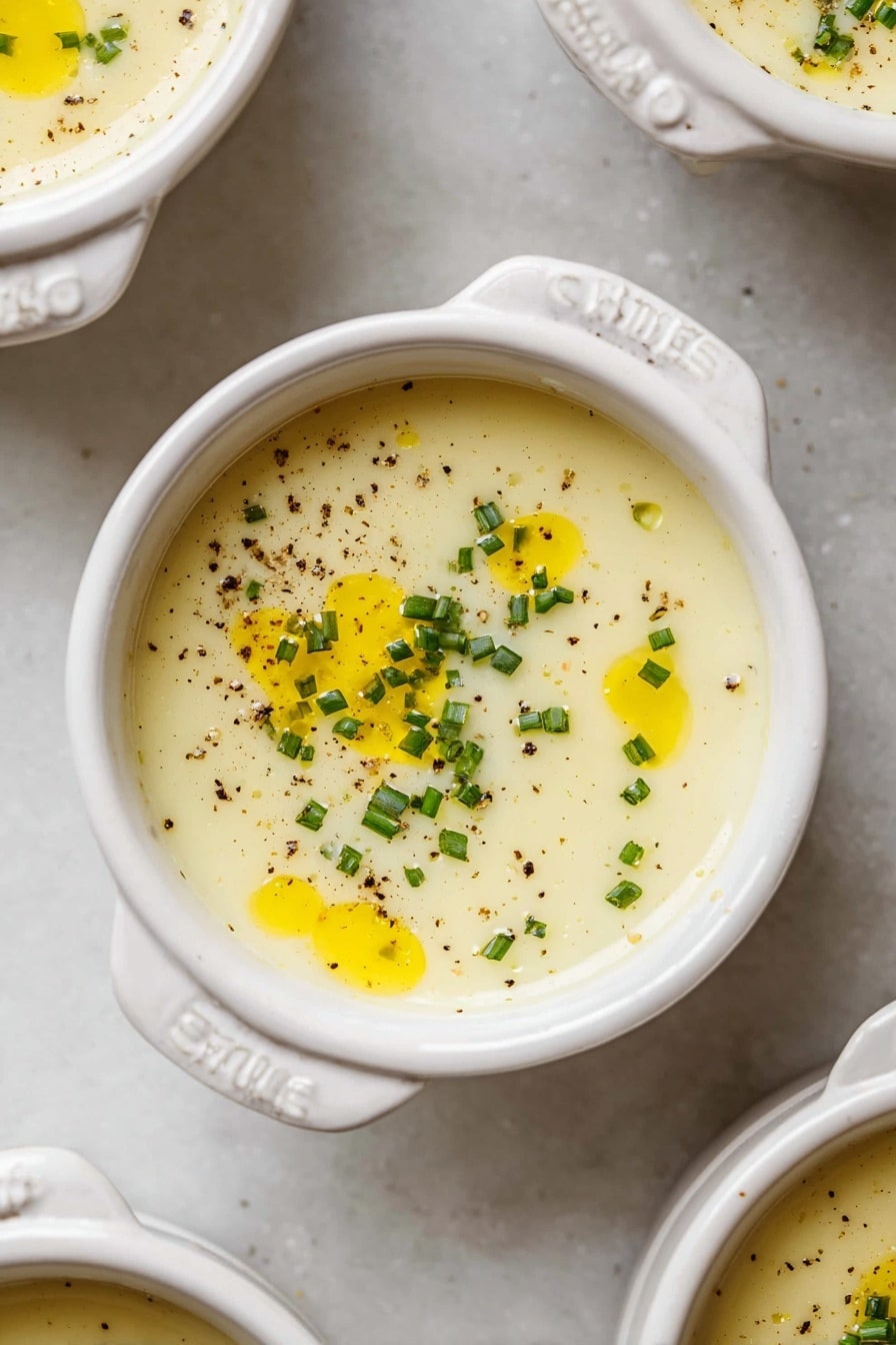Three small white round pots with side handles filled with smooth, creamy white soup are placed on a white marbled surface. Each pot has a swirl of bright yellow oil on top and is sprinkled with finely chopped green herbs and small black pepper specks, adding a fresh contrast to the pale soup. Two pot lids, also white, are partially visible on the surface near the pots. The overall look is clean, fresh, and inviting. photo taken with an iphone --ar 2:3 --v 7 - Creamy Roasted Garlic Potato Soup, roasted garlic potato soup recipe, velvety garlic potato soup, comforting potato soup with roasted garlic, easy hearty garlic potato soup