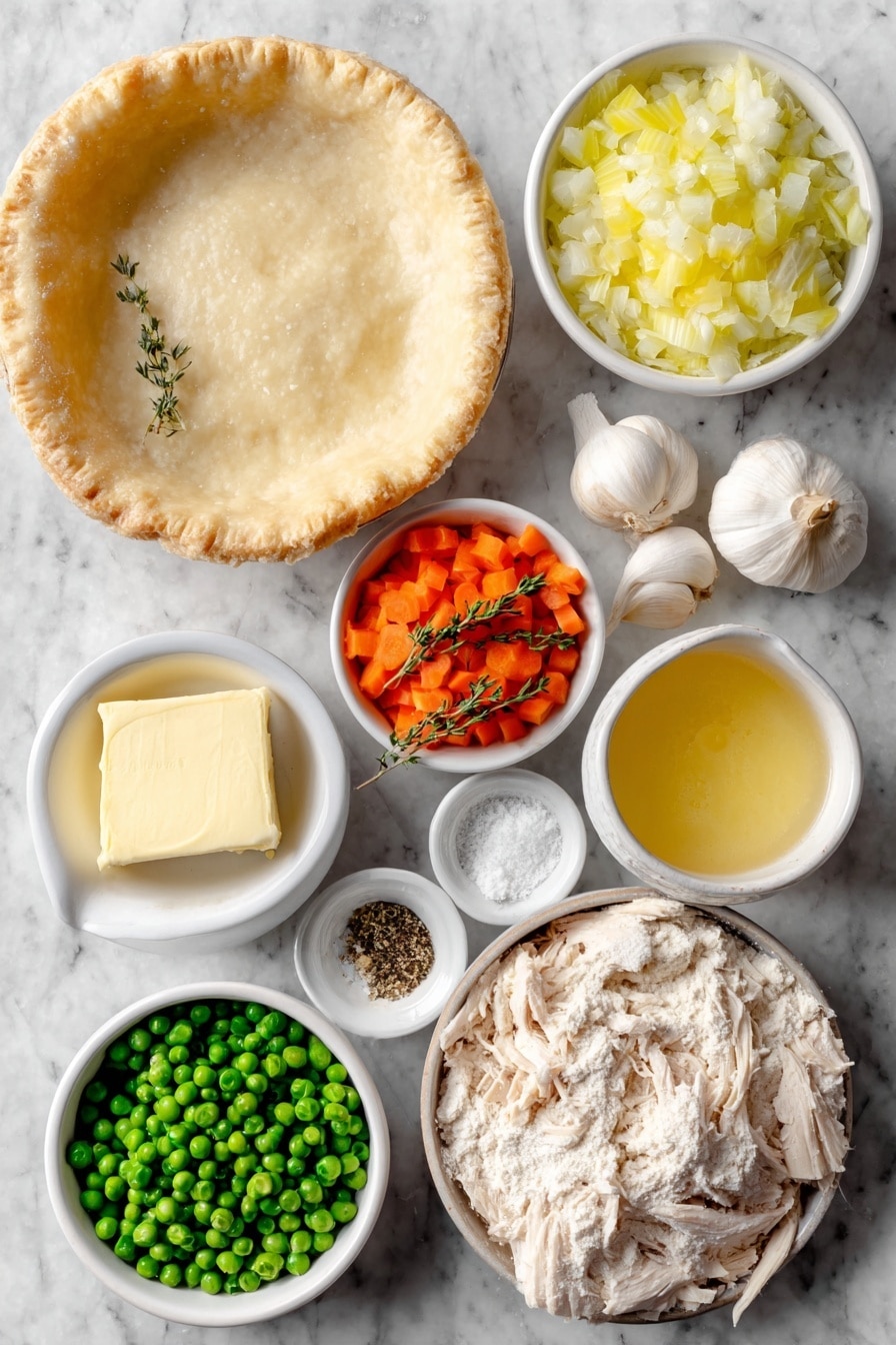 Flat lay of a small white ceramic bowl of unsalted butter, a small white ceramic bowl of chopped yellow onion, a small white ceramic bowl of thinly sliced carrots, a small white ceramic bowl of chopped celery, three whole uncracked garlic cloves, a small white ceramic bowl of all-purpose flour, a small white ceramic bowl of warm chicken broth, a small white ceramic bowl of warm heavy cream, a few sprigs of fresh thyme, a small white ceramic bowl of kosher salt, a small white ceramic bowl of ground black pepper, a small white ceramic bowl of cooked shredded chicken, a small white ceramic bowl of fresh green peas, two whole unbaked pie crusts placed flat -- placed on a clean white marble surface, soft natural light, photo taken with an iPhone, professional food photography style, fresh ingredients, white ceramic bowls, no bottles, no duplicates, no utensils, no packaging --ar 2:3 --v 7 --p awthu7i m7354615311229779997 - Easy Creamy Chicken Pot Pie, chicken pot pie with flaky crust, comforting chicken pot pie, homemade chicken pot pie recipe, creamy chicken and veggie pie