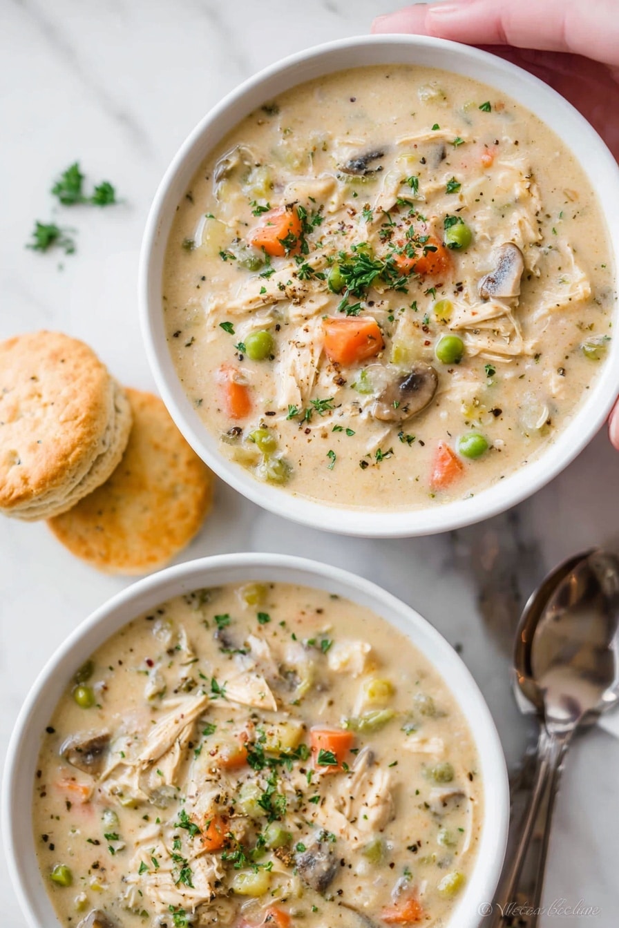 Two white bowls filled with creamy chicken and vegetable soup sit on a white marbled surface. The soup has a thick, beige base with visible layers of shredded chicken, orange carrot slices, green peas, celery, and small pieces of mushroom, topped with parsley flakes and a sprinkle of black pepper. Beside the bowls, there are three golden-brown biscuits stacked on the side. Two metal spoons rest next to one bowl, and a woman's hand gently holds the top bowl from above. The whole scene is bright and clean, creating a cozy, comforting feeling. photo taken with an iphone --ar 2:3 --v 7 - Chicken Pot Pie Soup, hearty chicken soup, cozy comfort food, easy chicken soup recipe, fall winter soup
