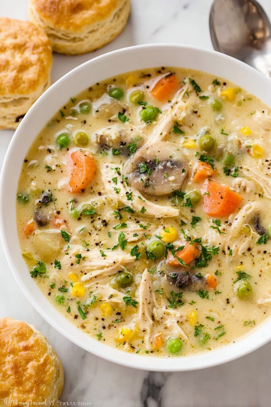 A white bowl filled with creamy chicken and vegetable soup, showing clear layers: shredded chicken in light beige, bright orange carrot slices, green peas, yellow corn kernels, and small pieces of mushroom mixed in a thick pale yellow broth speckled with black pepper and green parsley bits. Next to the bowl are golden-brown biscuits with a soft texture, placed on a white marbled surface, and a silver spoon partly visible near the bowl photo taken with an iphone --ar 2:3 --v 7 - Chicken Pot Pie Soup, hearty chicken soup, cozy comfort food, easy chicken soup recipe, fall winter soup