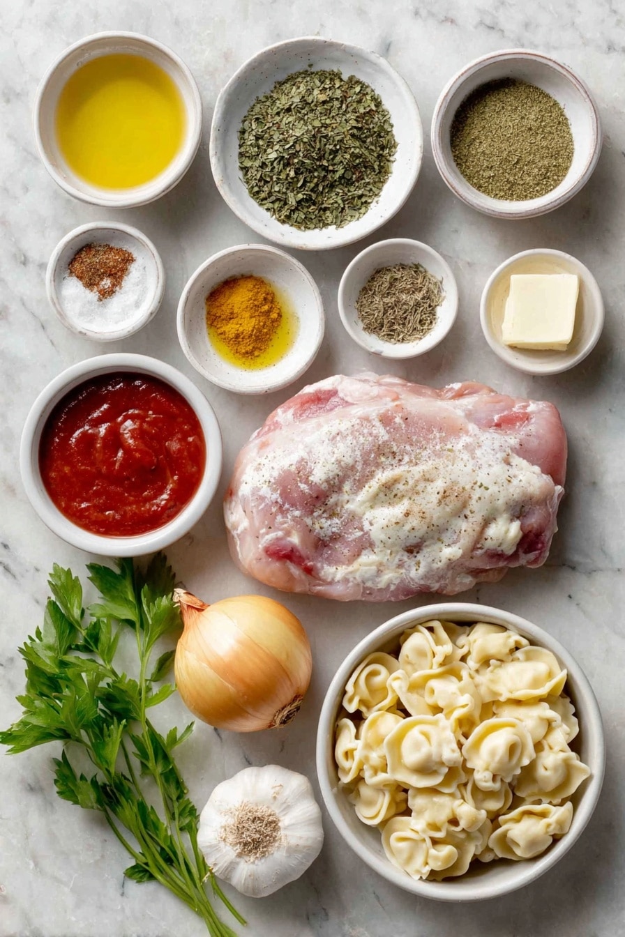 Flat lay of a bone-in chicken breast with clean skin and bone exposed, a small white ceramic bowl of dried basil, a small white ceramic bowl of dried parsley, a small white ceramic bowl of dried oregano, a small white ceramic bowl of mustard powder, a small white ceramic bowl of ground sage, a small white ceramic bowl of ground black pepper, a small white ceramic bowl of Italian seasoning, a small bunch of fresh yellow onion whole bulb, a small white ceramic bowl of diced carrots, two fresh celery ribs with vibrant green leaves, three whole garlic cloves unpeeled, a small white ceramic bowl of golden olive oil, a small white ceramic bowl of creamy butter, a small white ceramic bowl of Worcestershire sauce, a small white ceramic bowl of bright red hot sauce, a small white ceramic bowl of clear chicken broth, and a small pile of fresh refrigerated cheese tortellini pasta arranged symmetrically in a clean white ceramic bowl, placed on a clean white marble surface, soft natural light, photo taken with an iPhone, professional food photography style, fresh ingredients, white ceramic bowls, no bottles, no duplicates, no utensils, no packaging --ar 2:3 --v 7 --p awthu7i m7354615311229779997 - Chicken Tortellini Soup, Easy Italian Soup Recipes, Cozy Chicken Soup, Quick Weeknight Dinners, Cheesy Tortellini Soup