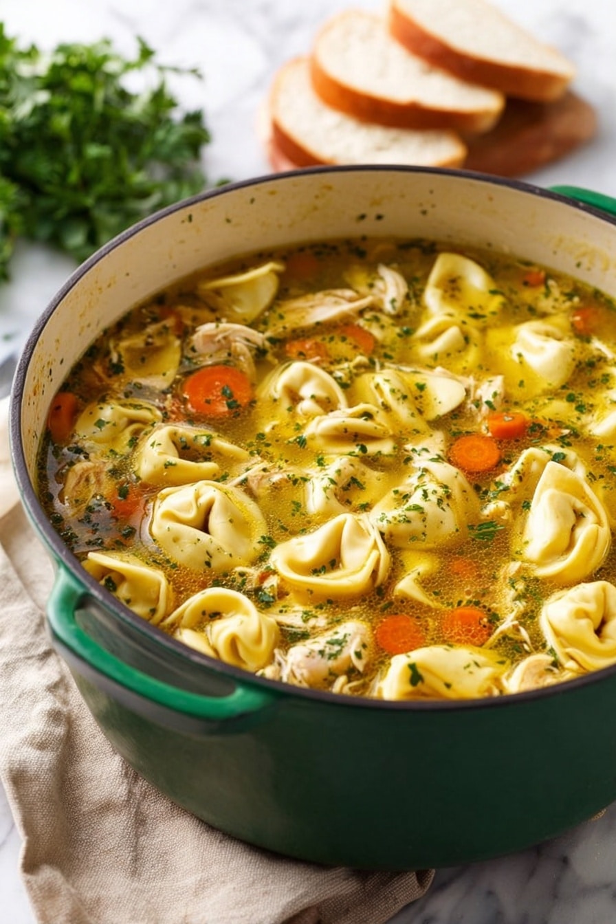 A large green pot filled with chicken tortellini soup sits on a white marbled surface with a beige cloth nearby. The soup has clear yellow broth with visible herbs floating on top, shredded pieces of chicken, and orange carrot slices scattered through the soup. The tortellini pasta are plump and off-white, floating evenly across the surface, showing soft texture with some edges slightly curled. In the background, out of focus, there is a stack of white sandwich bread slices and some green parsley. The setup is bright with natural light. photo taken with an iphone --ar 2:3 --v 7 - Chicken Tortellini Soup, Easy Italian Soup Recipes, Cozy Chicken Soup, Quick Weeknight Dinners, Cheesy Tortellini Soup