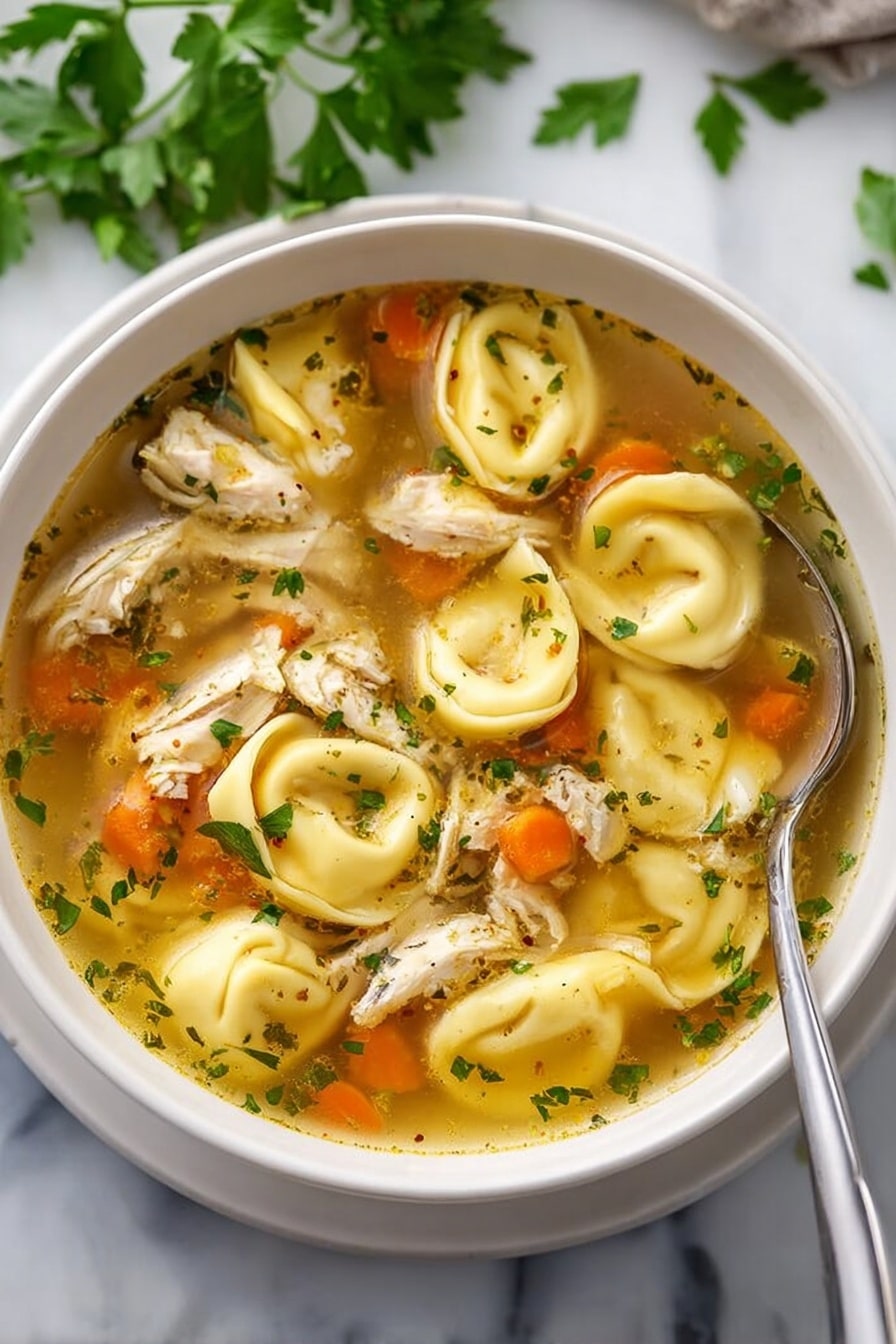 The image shows a white bowl filled with clear broth soup containing several layers. The top layer has round tortellini with a soft, yellow pasta texture floating on the surface. Underneath, chunks of shredded cooked chicken in white and light brown tones are visible, mixed with small orange carrot pieces and green parsley leaves scattered throughout. A silver spoon rests on the right edge of the bowl, partially inside the soup. The bowl sits on a white marbled surface with some fresh parsley leaves in the background. Photo taken with an iphone --ar 2:3 --v 7 - Chicken Tortellini Soup, Easy Italian Soup Recipes, Cozy Chicken Soup, Quick Weeknight Dinners, Cheesy Tortellini Soup