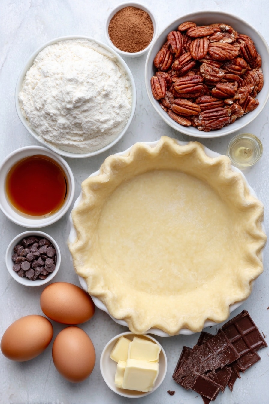 Flat lay of a simple white ceramic pie plate with a smooth, unbaked homemade pie dough crust pressed inside, a small pile of whole pecans, a small white bowl of packed brown sugar, a small white bowl of all-purpose flour, a small white bowl of unsweetened cocoa powder, three large whole eggs with clean shells, a small white bowl of light corn syrup, a small white bowl holding melted unsalted butter, a small white bowl of vanilla extract, a small white bowl of salt, a small white bowl of melted semi-sweet chocolate chips, a dollop of fresh whipped cream on a white ceramic dish, and a few delicate dark chocolate shavings on the side, all arranged with perfect symmetry and balanced proportions, placed on a clean white marble surface, soft natural light, photo taken with an iPhone, professional food photography style, fresh ingredients, white ceramic bowls, no bottles, no duplicates, no utensils, no packaging --ar 2:3 --v 7 --p awthu7i m7354615311229779997 - Chocolate Pecan Pie with Cocoa, pecan chocolate pie recipe, easy chocolate pecan pie, homemade pecan chocolate dessert, decadent pecan pie with cocoa