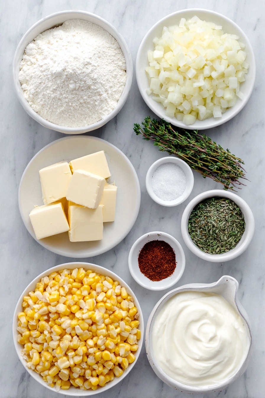 Flat lay of a small mound of pale arrowroot powder in a simple white ceramic bowl, a small white bowl of whole milk, two tablespoons of unsalted butter cut into small rectangular pieces on a white ceramic plate, a small pile of finely diced shallot on a white ceramic dish, a generous heap of fresh yellow sweet corn kernels on a white ceramic plate, a small white bowl filled with thick heavy cream, a small white bowl containing dried thyme leaves, a tiny white bowl with a pinch of bright red cayenne pepper powder, a small white ceramic bowl of coarse kosher salt crystals, a small white bowl with freshly ground black peppercorns, and a small white plate with a small mound of freshly grated pale yellow parmesan cheese, placed on a clean white marble surface, soft natural light, photo taken with an iPhone, professional food photography style, fresh ingredients, white ceramic bowls, no bottles, no duplicates, no utensils, no packaging --ar 2:3 --v 7 --p awthu7i m7354615311229779997 - Creamed Corn Recipe, Creamed Corn with Rich Smooth Flavor, Easy Corn Side Dish, Cozy Corn Recipes, Holiday Side Dishes