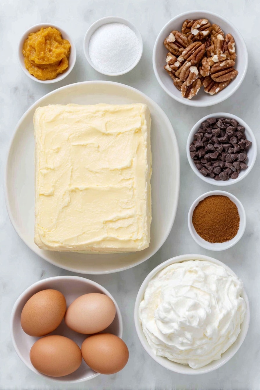 Flat lay of a block of softened cream cheese on a simple white ceramic plate, a small white bowl filled with light brown sugar, a small white bowl containing vibrant orange pumpkin puree, a small white bowl with fine white sugar, a small white bowl holding golden candied pecans, a small white bowl with dark chocolate chips, a small white bowl with warm brown pumpkin pie spice, a small white bowl with reddish-brown ground cinnamon, a small white bowl filled with thick, freshly whipped cream, and two whole brown eggs arranged symmetrically around the ingredients, placed on a clean white marble surface, soft natural light, photo taken with an iPhone, professional food photography style, fresh ingredients, white ceramic bowls, no bottles, no duplicates, no utensils, no packaging --ar 2:3 --v 7 --p awthu7i m7354615311229779997 - Pumpkin Mousse, Pumpkin Mousse with Cream Cheese, fall dessert ideas, quick pumpkin dessert, easy pumpkin mousse