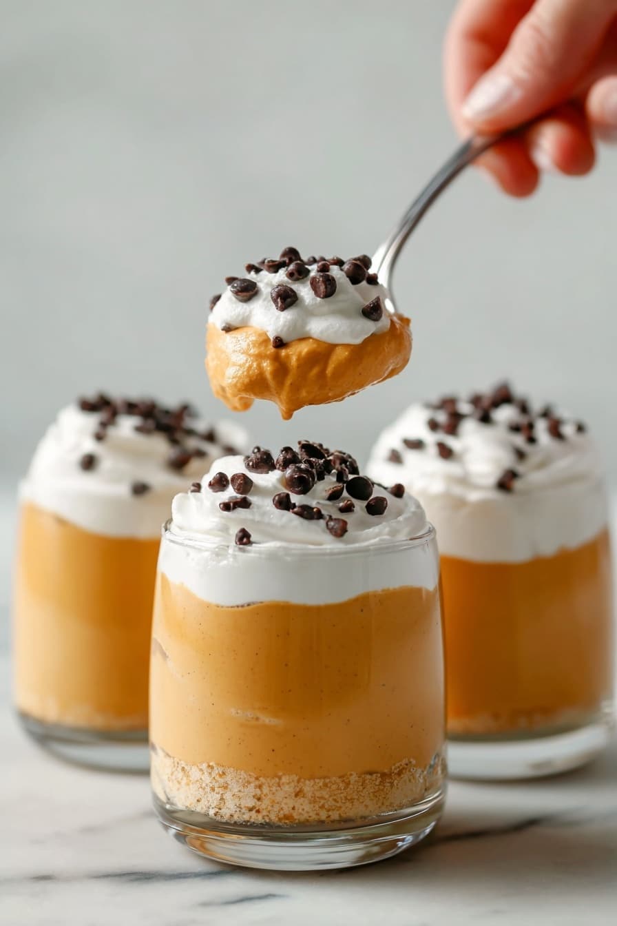 The image shows three clear glasses filled with three layers: the bottom and middle layers are a smooth, light orange pumpkin mousse, topped with a layer of white whipped cream sprinkled with small dark chocolate chips. A woman's hand is holding a silver spoon above the closest glass, scooping a mix of the mousse and whipped cream with chocolate chips on top. The background is a clean white marbled surface. photo taken with an iphone --ar 2:3 --v 7 - Pumpkin Mousse, Pumpkin Mousse with Cream Cheese, fall dessert ideas, quick pumpkin dessert, easy pumpkin mousse