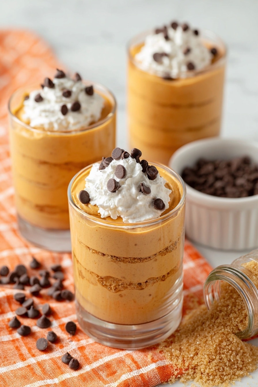 The image shows three clear glasses filled with smooth, light orange pumpkin mousse, each with visible soft swirls and layers inside. The mousse is topped with a dollop of white whipped cream and sprinkled with small dark chocolate chips. One glass is in the front and centered, with two others slightly blurred in the background. Around the glasses are scattered chocolate chips and a small jar tipped over spilling brown cinnamon powder. To the right, there is a white bowl filled with light brown sugar on a bright orange cloth with white check patterns. The setting rests on a white marbled surface. photo taken with an iphone --ar 2:3 --v 7 - Pumpkin Mousse, Pumpkin Mousse with Cream Cheese, fall dessert ideas, quick pumpkin dessert, easy pumpkin mousse