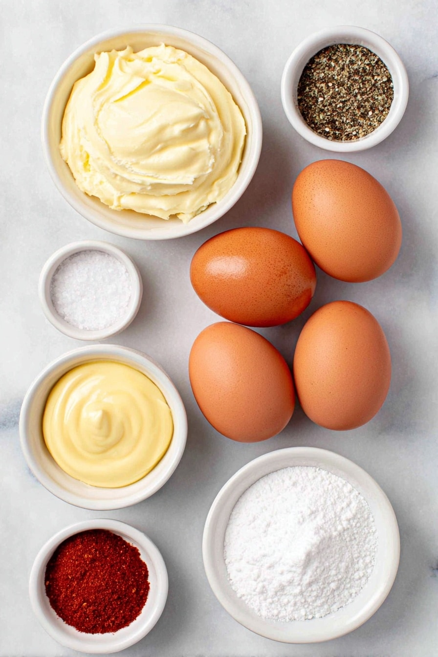 Flat lay of six whole uncracked large brown eggs, a small white ceramic bowl of creamy mayonnaise, a small white ceramic bowl with smooth pale yellow Dijon mustard, a small white ceramic bowl containing clear apple cider vinegar, a small white ceramic bowl filled with fine white salt, a small white ceramic bowl with freshly ground black pepper, and a small white ceramic bowl holding vibrant red paprika powder, all arranged in perfect symmetry on a clean white marble surface, soft natural light, photo taken with an iPhone, professional food photography style, fresh ingredients, white ceramic bowls, no bottles, no duplicates, no utensils, no packaging --ar 2:3 --v 7 --p awthu7i m7354615311229779997 - Deviled Eggs Classic, Easy Deviled Eggs, Creamy Deviled Eggs, Crowd-Pleasing Appetizer, Egg Salad Snacks
