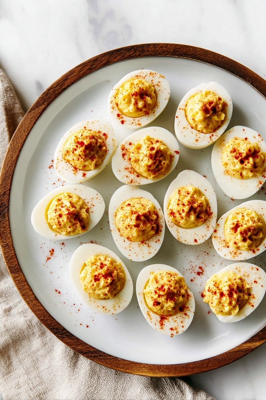 A white plate with a wooden rim holds twelve deviled egg halves arranged in a loose circle and scattered slightly inward. Each egg half has a smooth white egg white base topped with a yellow creamy yolk filling, sprinkled with a light dusting of red paprika. The plate is set on a white marbled surface with a beige cloth partially visible to the side. Photo taken with an iphone --ar 2:3 --v 7 - Deviled Eggs Classic, Easy Deviled Eggs, Creamy Deviled Eggs, Crowd-Pleasing Appetizer, Egg Salad Snacks