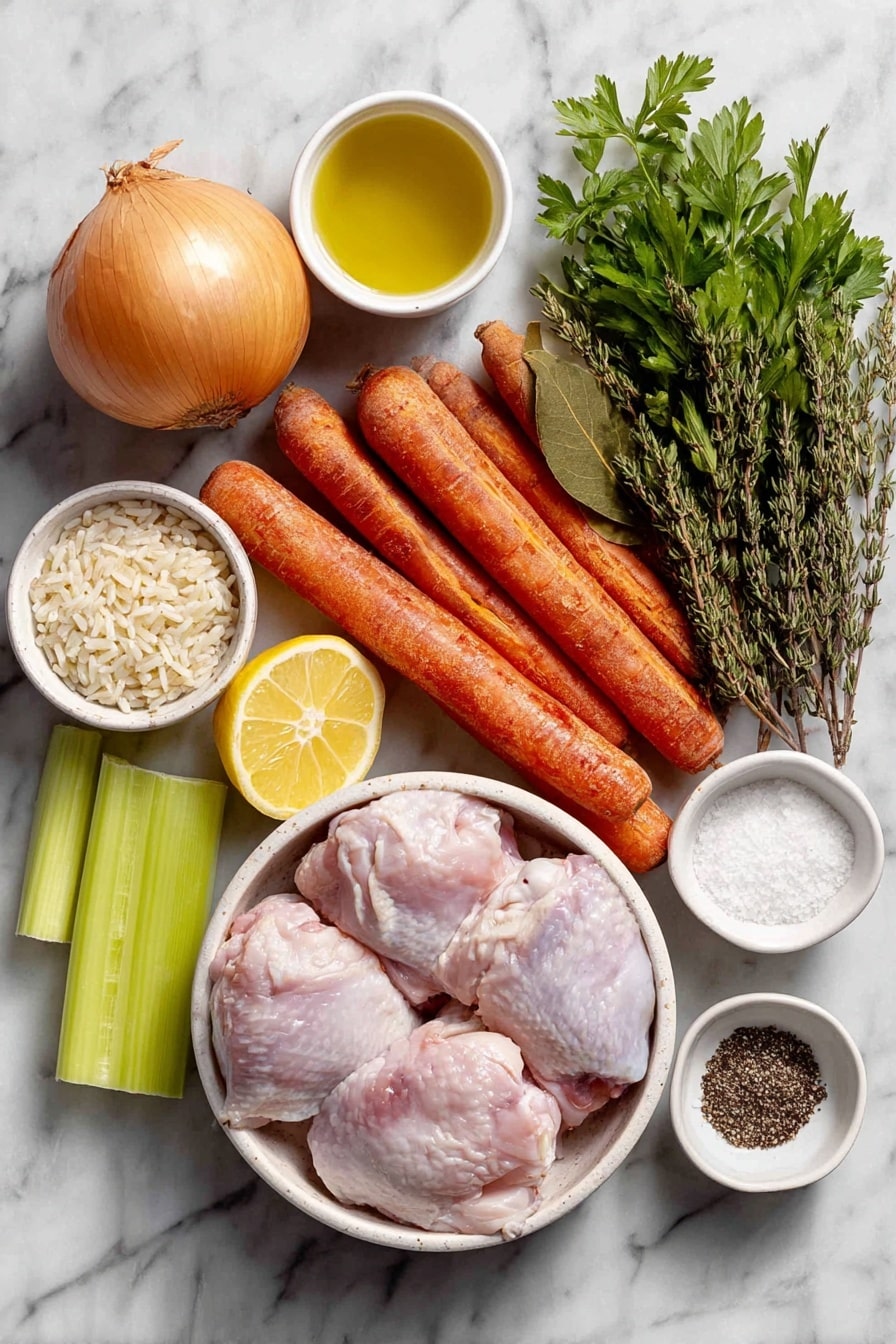 Flat lay of a small white ceramic bowl of olive oil, one whole yellow onion, three large whole carrots, three whole celery stalks, three whole garlic cloves, one whole lemon cut in half showing bright yellow flesh, a small white ceramic bowl of dried thyme, two raw boneless skinless chicken thighs, two whole dried bay leaves, a small white ceramic bowl of short grain rice, a small white ceramic bowl of salt, a small white ceramic bowl of black pepper, and a few sprigs of fresh parsley arranged with perfect symmetry, placed on a clean white marble surface, soft natural light, photo taken with an iPhone, professional food photography style, fresh ingredients, white ceramic bowls, no bottles, no duplicates, no utensils, no packaging --ar 2:3 --v 7 --p awthu7i m7354615311229779997 - Lemon Chicken Rice Soup, healthy lemon chicken soup, easy chicken and rice soup, comforting chicken soup recipes, lemon soup for dinner