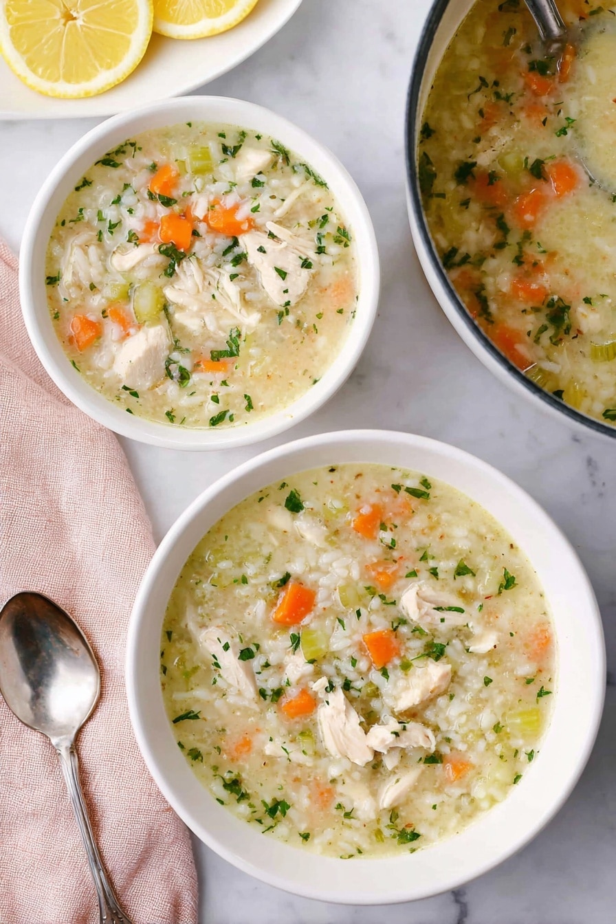 The image shows two white bowls filled with creamy chicken and rice soup placed on a white marbled surface. The soup has three clear layers: a brothy top with small green herb pieces, middle chunks of white chicken and orange carrot cubes, and a bottom layer of soft white rice. Pieces of celery and herbs are visible throughout, adding green and orange highlights. Next to one bowl, there is a spoon with a metallic shine placed on a light pink cloth. A white plate with lemon wedges is partly visible on the left side of the image. In the upper right, a pot with more soup and a metallic ladle is seen. The photo is taken with an iphone --ar 2:3 --v 7 - Lemon Chicken Rice Soup, healthy lemon chicken soup, easy chicken and rice soup, comforting chicken soup recipes, lemon soup for dinner
